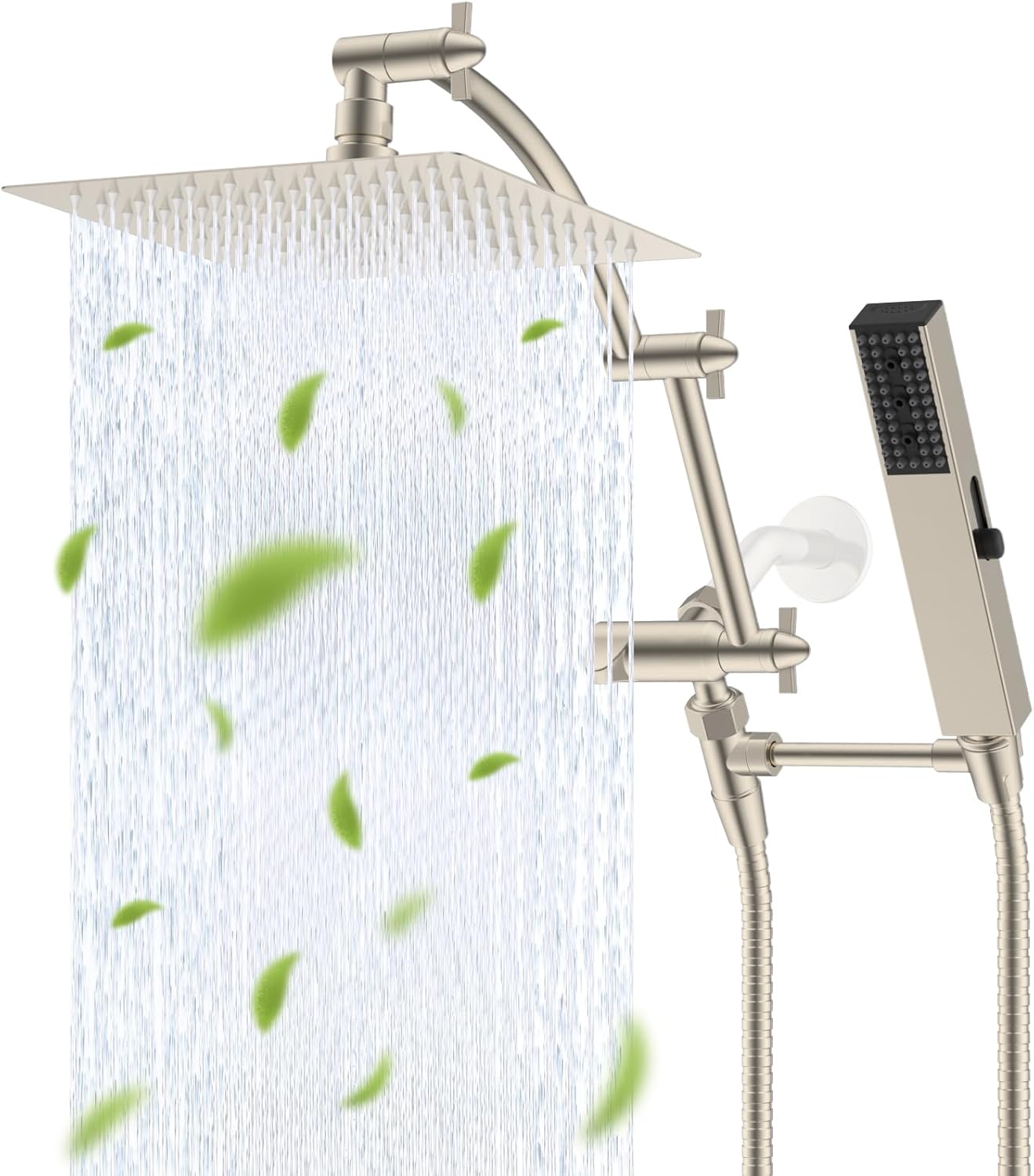 Hibbent All Metal 8'' Rainfall Shower Head, Shower Head Combo, High Pressure Handheld Shower Wand, 4 Sprays, 16'' Adjustable Arc-shaped Extension Arm, 71'' Hose, Showerhead Holder, Brushed Nickel