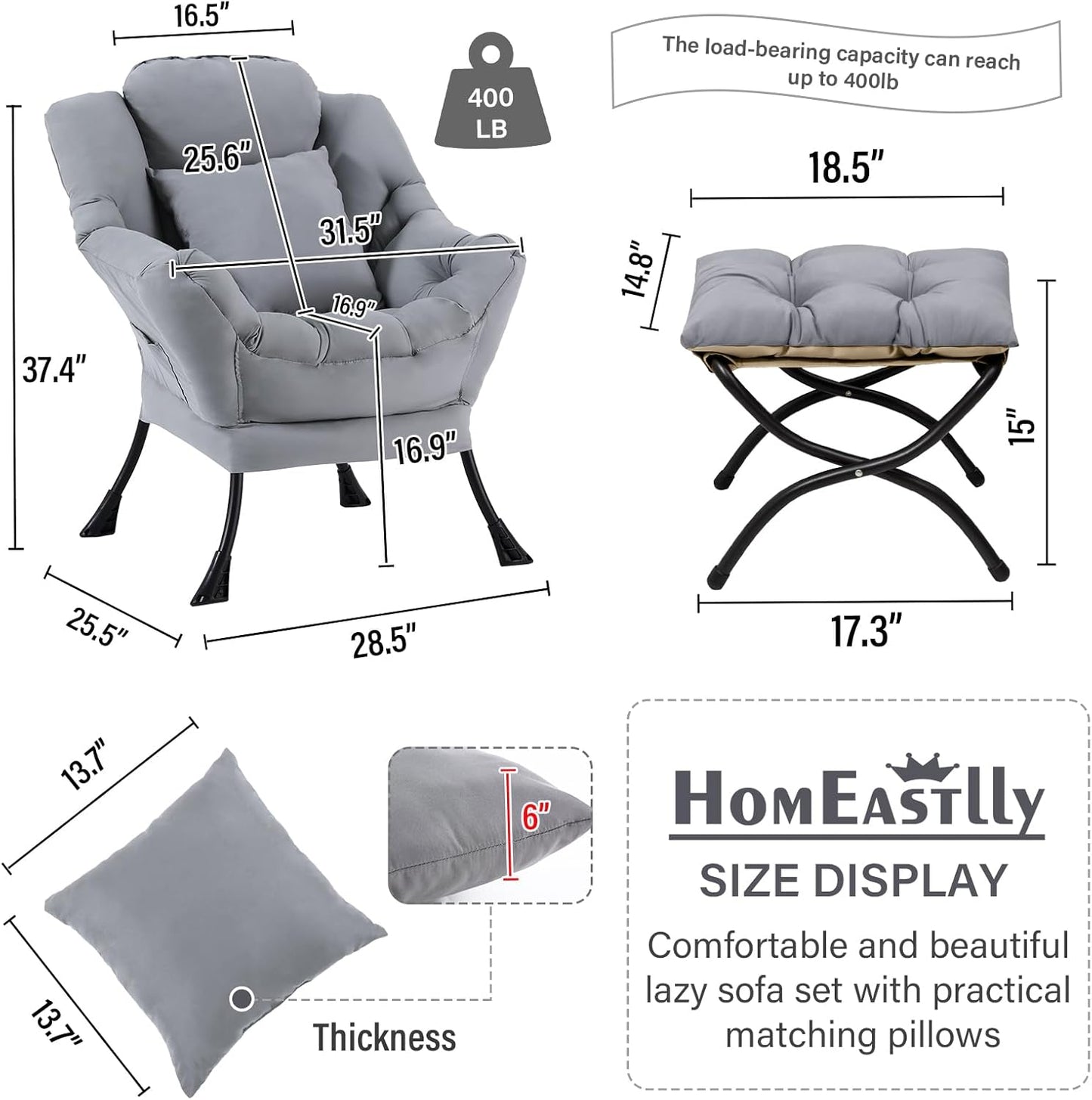 Lazy Chair with Ottoman, Modern Large Accent Lounge Chair with a Pillow, Leisure Sofa Armchair with Ottoman, Reading Chair with Footrest for Bedroom, Living Room, Dorm Room,Peach Light Gray