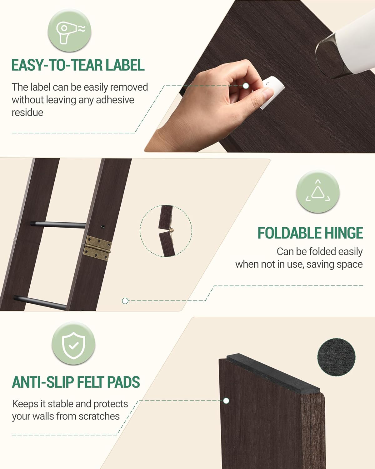 Blanket Ladder for Living Room, Decorative Quilt Rack with 4 Removable Hooks, 6-Tier Farmhouse Ladder Holder Shelf Organizer for Bedroom, Black Tea Brown and Black BR31520B