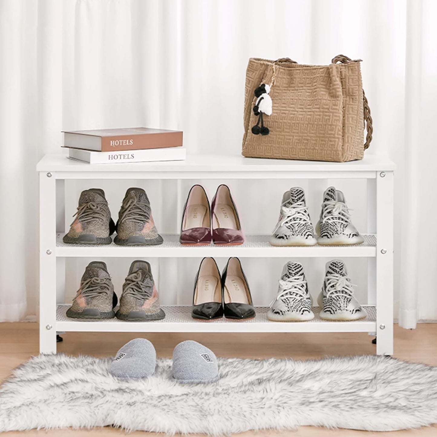 Apicizon White Shoe Rack, 35.5 Inches 3-Tier Shoe Rack for Entryway with Long Seat and Metal Shelves for Garage, Entryway Bench for Hallway Front Door, Mudroom, Doorway, Living Room, Bedroom