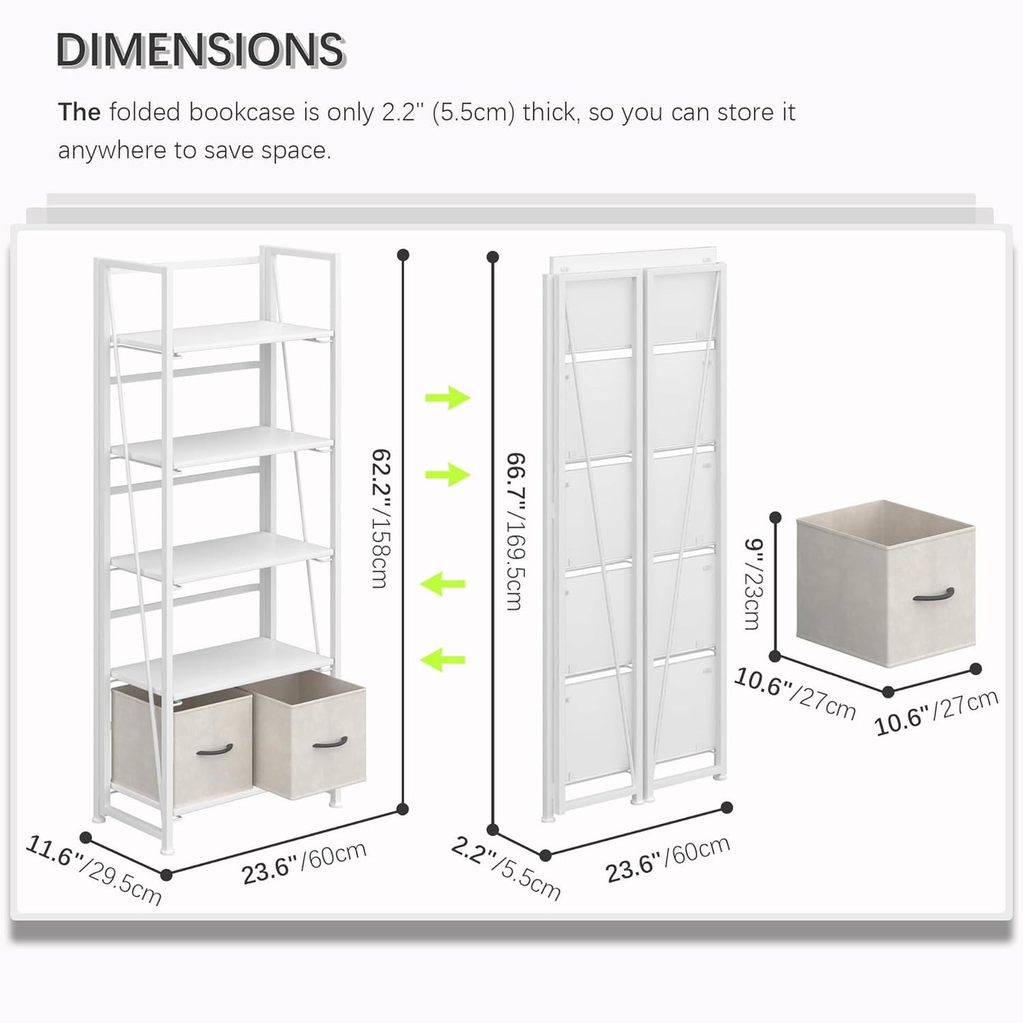 4NM No Assembly Folding Bookshelf, 5-Shelf 62.2" H Collapsible Foldable Bookcase Storage for Small Spaces, All White