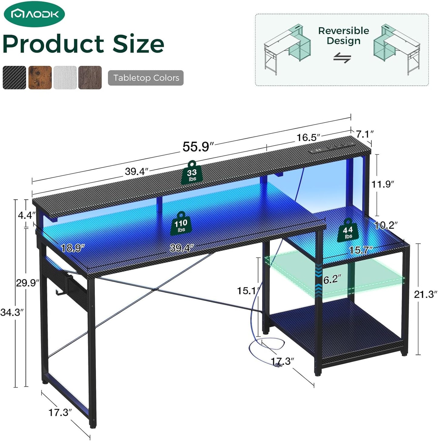 AODK Computer Desk, 56 Inch Gaming Desk with Led Lights & Power Outlet, Office Desk with Storage Shelves, Reversible Desk with Monitor Shelf & Headphone Hook, Carbon Fiber Black