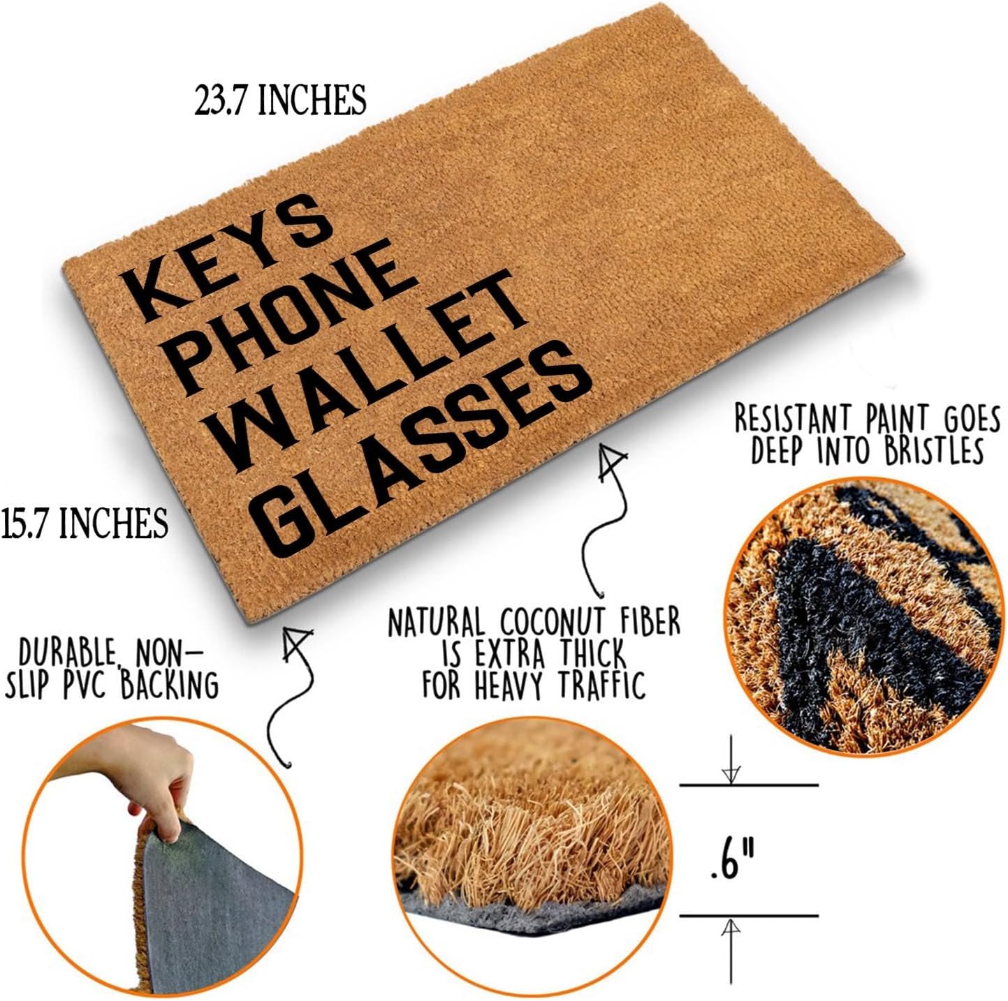 Funny Coir Doormat Keys Phone Wallet Glasses Front Door Mat Entryway Outdoor Mat with Heavy Duty Front Porch Decor Welcome Mats House Warming Gift Doormat Entry Natural Coir Mat 23.7 x 15.7 inch
