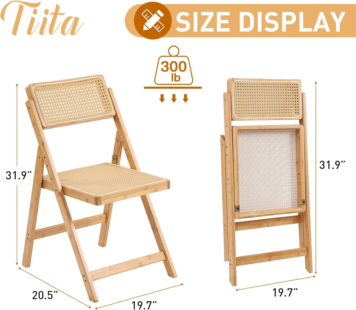 Tiita Rattan Dining Chairs Set of 2, Mid Century Modern Folding Chair, Bamboo Folding Dining Chairs for Small Space, Dining Room, Living Room, Bedroom, Wood