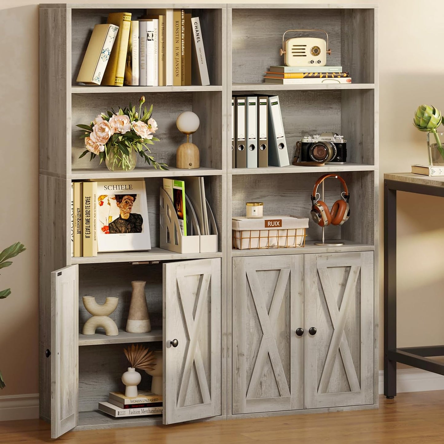 IRONCK Industrial Bookshelves and Bookcases with Doors 11.8 in Depth Floor Standing 5 Shelf Display Storage Shelves Bookcase Home Decor Furniture for Home, Office, Living Room, Bedroom