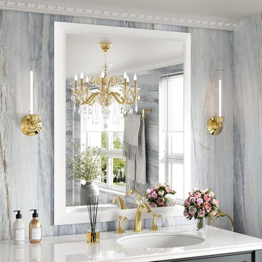 Amorho Bathroom Mirror, 28x36 Inch White Thick Metal Framed Wall Mirrors for Over Sink, Bedroom, Living Room, Entryway, Rectangle Wall-Mounted Mirrors(Horizontal/Vertical).