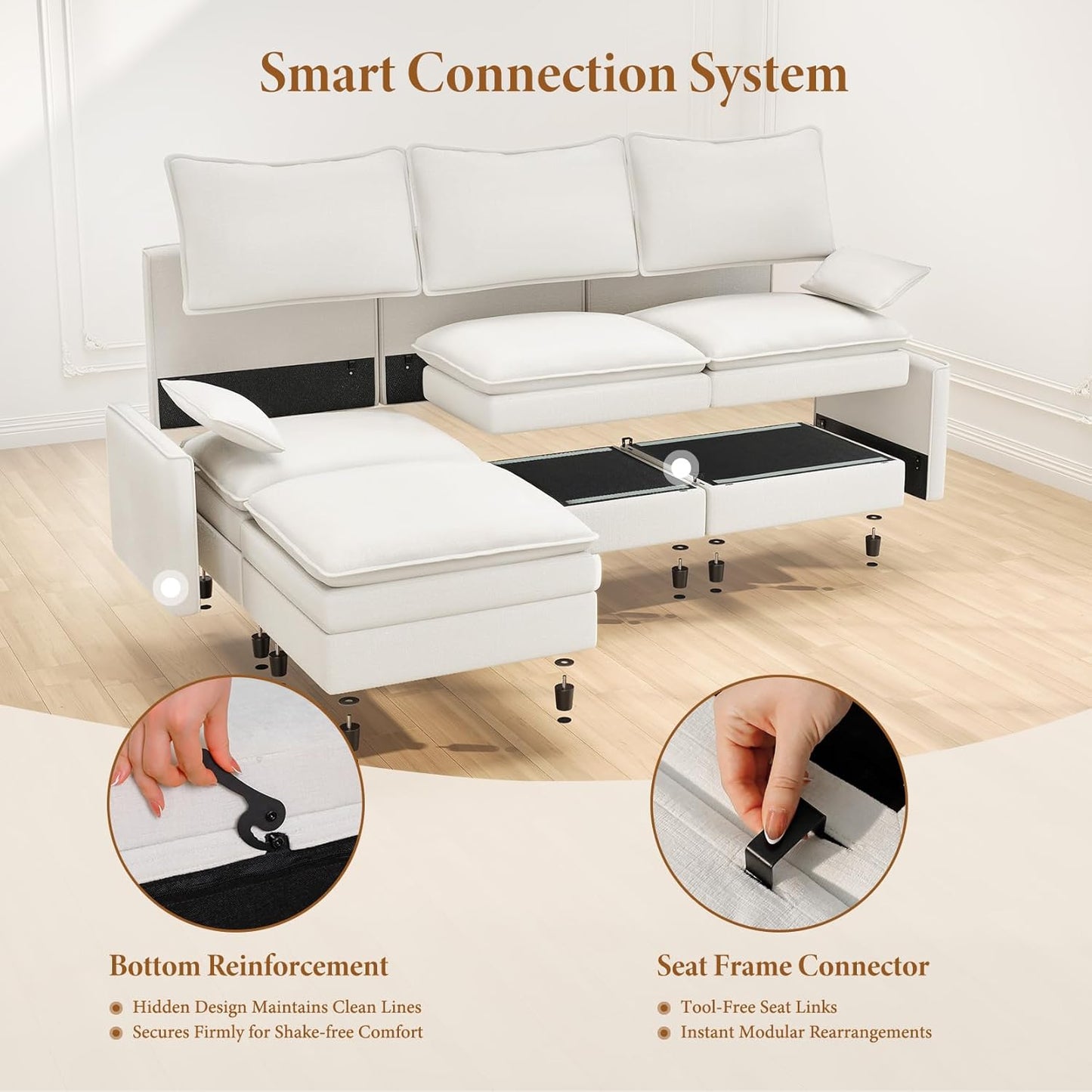 Vesgantti 108" Modular Sectional Sofa, Comfy Cloud Couch with Movable Ottoman Deep Seat Chenille L Shaped Modular Sofa, Sectional Couches for Living Room, Bedroom and Apartment, Snow White