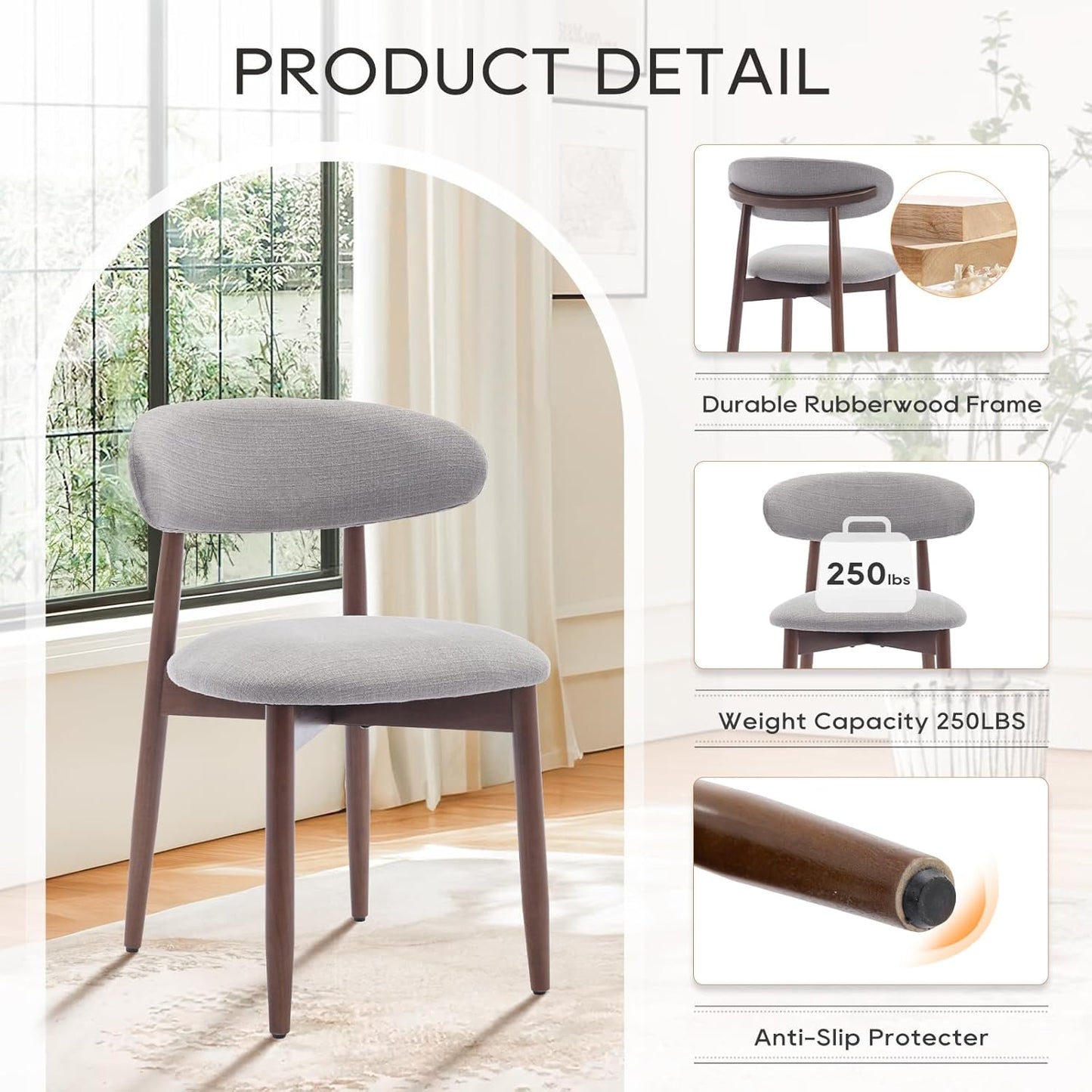 COLAMY Wooden Dining Chairs Set of 4, Modern Fabric Upholstered Kitchen Chairs, Farmhouse Dining Room Chair with Foot Pegs, Light Grey