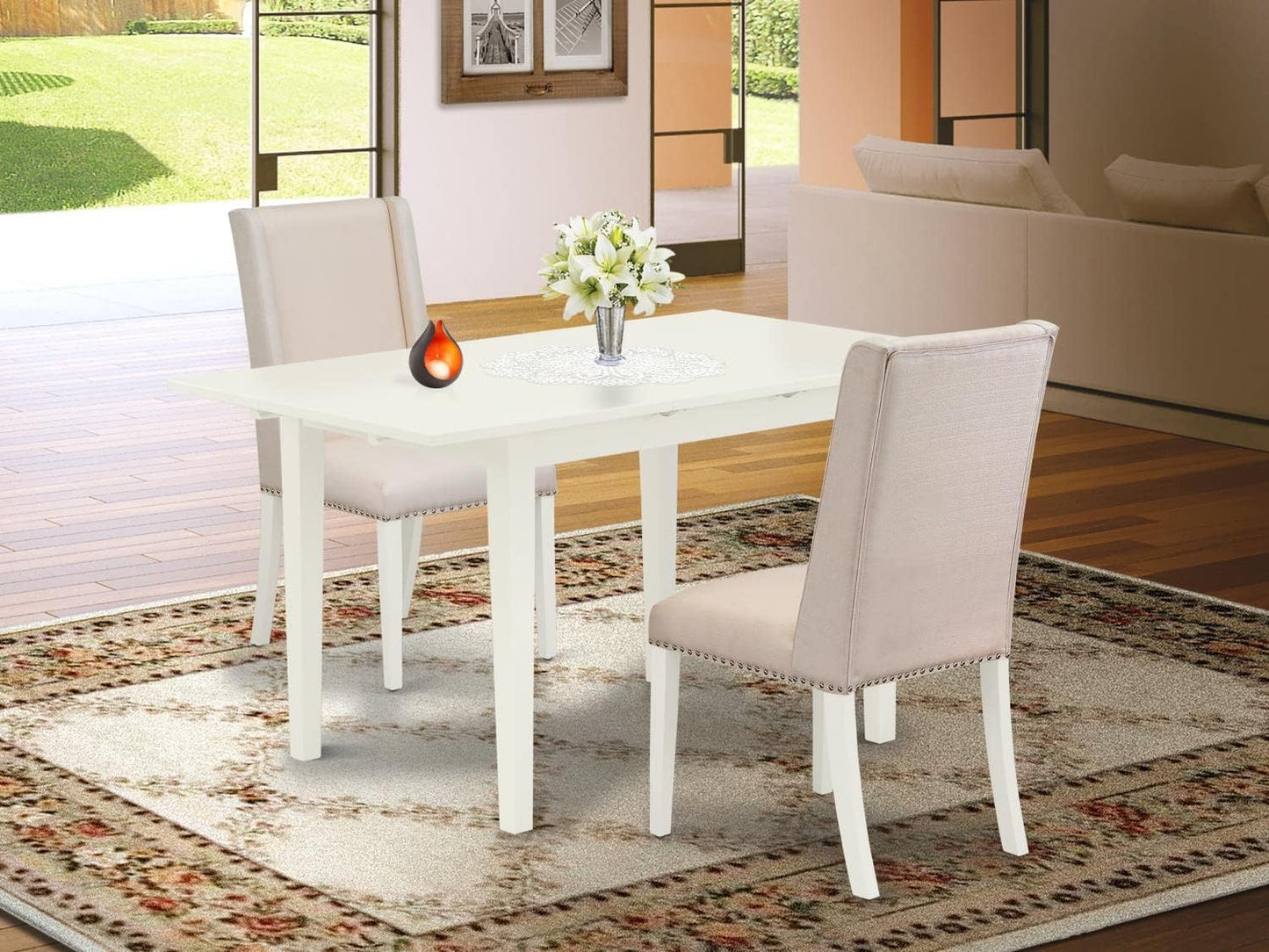 East West Furniture NOFL3-LWH-01 3 Piece Dinette Set for Small Spaces Contains a Rectangle Butterfly Leaf Table and 2 Cream Linen Fabric Upholstered Chairs, 32x54 Inch, Linen White