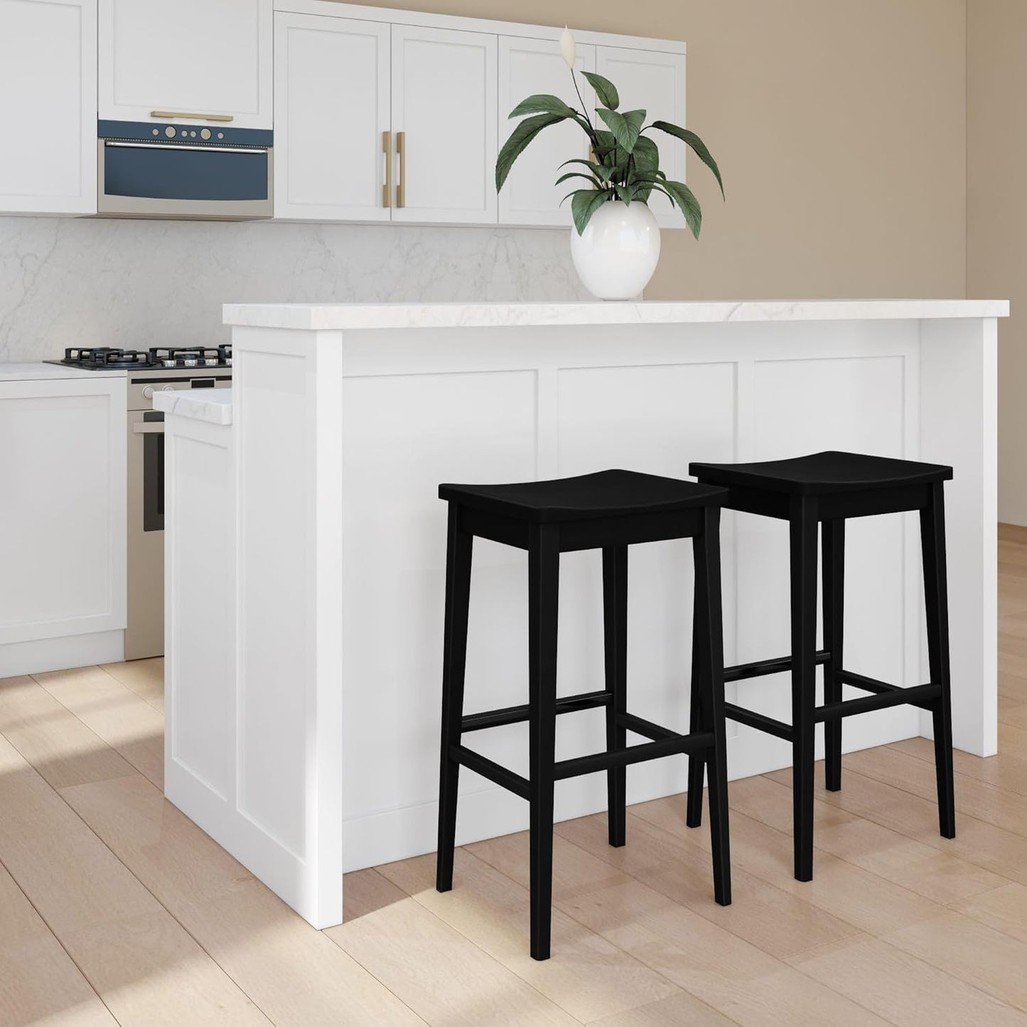 Plank+Beam Smythe Bar Stool, 30", Set of 2, Sturdy Wood Modern Kitchen Bar Height Stool, Saddle Seat Backless Counter Chair, Metal Footrest, Black