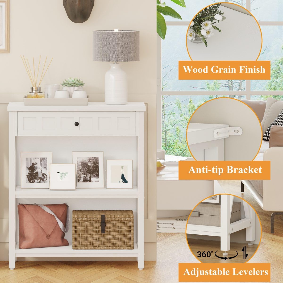 FATORRI Small Bookcase with Drawer, Wood and Metal Bookshelf for Small Space, Short Book Shelf and Low Book Case for Living Room (White Oak)