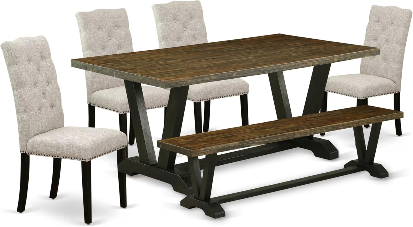 East West Furniture V677EL635-6 6 Piece Dining Table Set Contains a Rectangle Kitchen Table with V-Legs and 4 Doeskin Linen Fabric Upholstered Chairs with a Bench, 40x72 Inch, Multi-Color