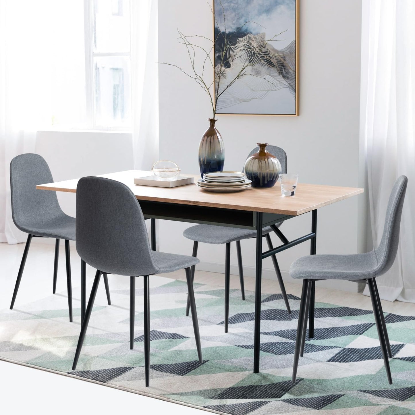 FurnitureR Dining Chairs Set of 4, Fabric Comfy Seat Armless Side Chairs with Metal Legs for Home Kitchen Dining Room Reception Room, Slubbed Grey