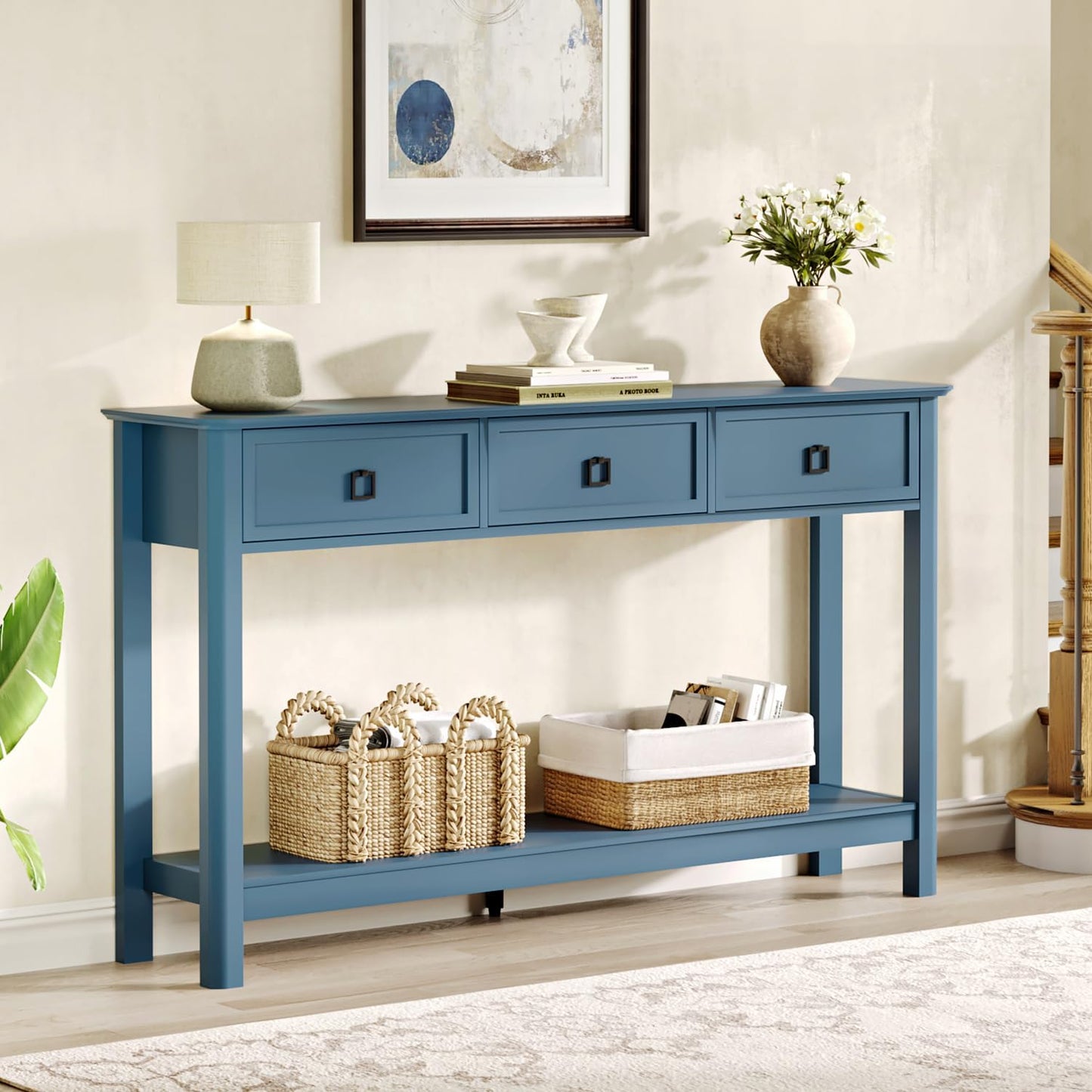Treocho 53.1" Console Table with 3 Drawers, Modern Entryway Table, 2-Tier Narrow Long Sofa Table Behind Couch Table for Living Room, Hallway, Blue