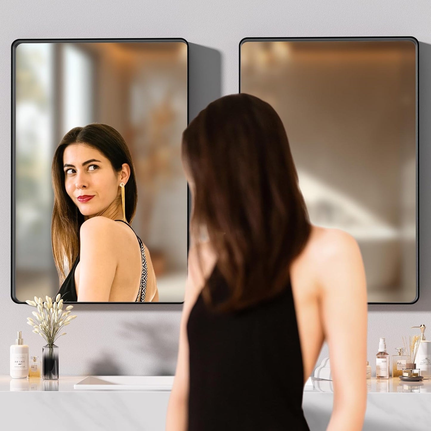 Hasipu 2 PCS Bathroom Mirror for Wall, 36 x 28 Inch Black Metal Framed Bathroom Mirrors for Over Sink, Rectangle Bathroom Vanity Mirror, Anti-Rust, Tempered Glass, Horizontal or Vertical