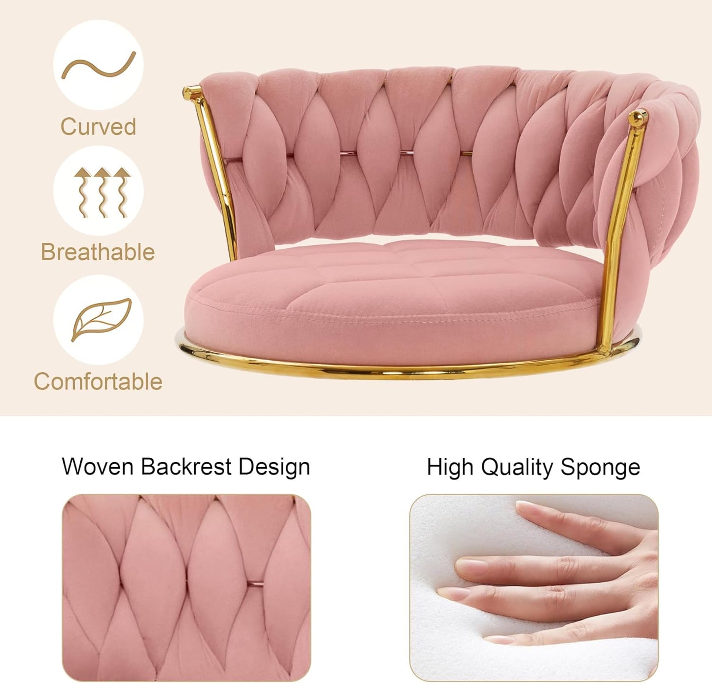 VECELO Bar Stools Set of 4, Adjustable Counter Height Barstools with Back & Arm Rest, Velvet Woven Kitchen Island Stools with Gold Metal Leg & Base, 360 Swivel, Pink