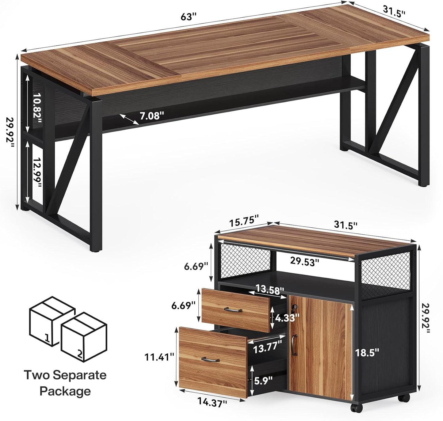 LITTLE TREE 63-Inch Office Desk with 31.5-Inch Lateral File Cabinet, Study Writing Desk Computer Desk for Home Office