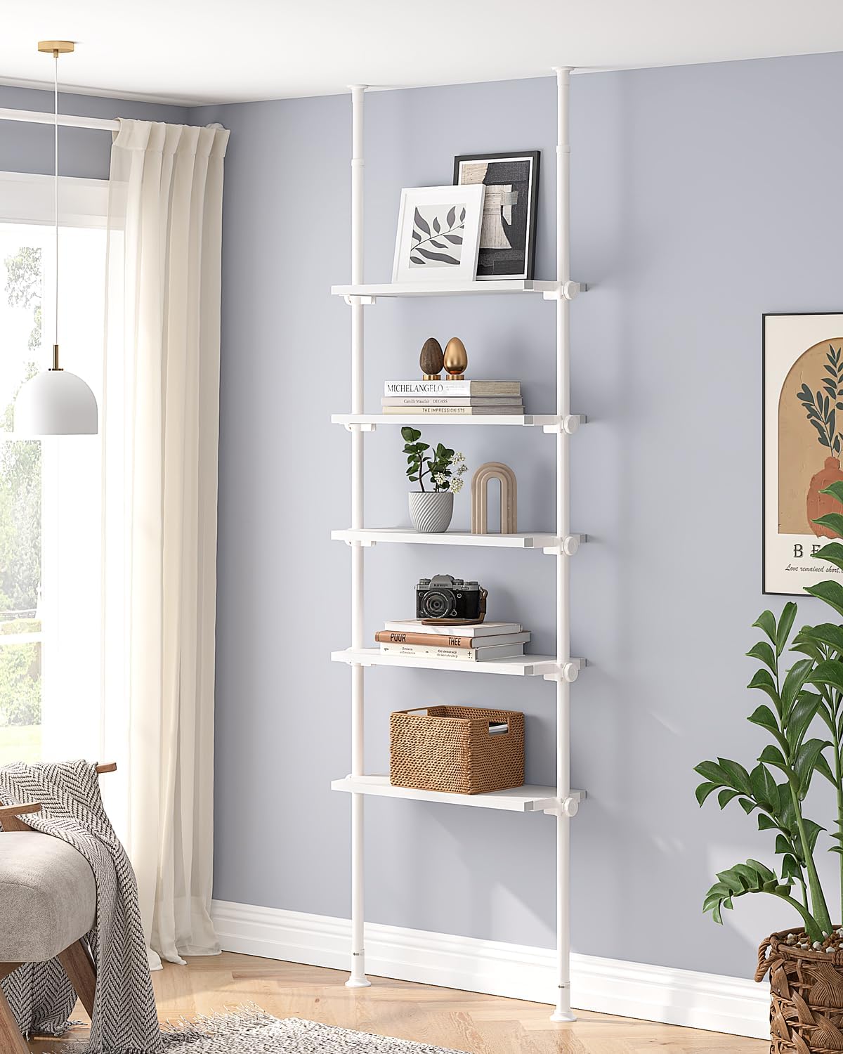 ALLZONE 5 Tiers Narrow Bookshelf, Tall Adjustable Ladder Book Shelf with Open Storage, Floor to Ceiling Tension Mount, Wooden Industrial Bookcase for Living Room, 92 to 116 Inch, White