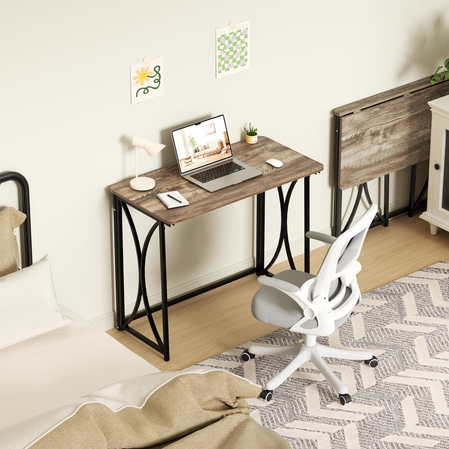 Small Desk, 31.5" Folding Table for Bedroom, Space Saving Folding Computer Desk for Home Office, Easy Assembly, Light Brown