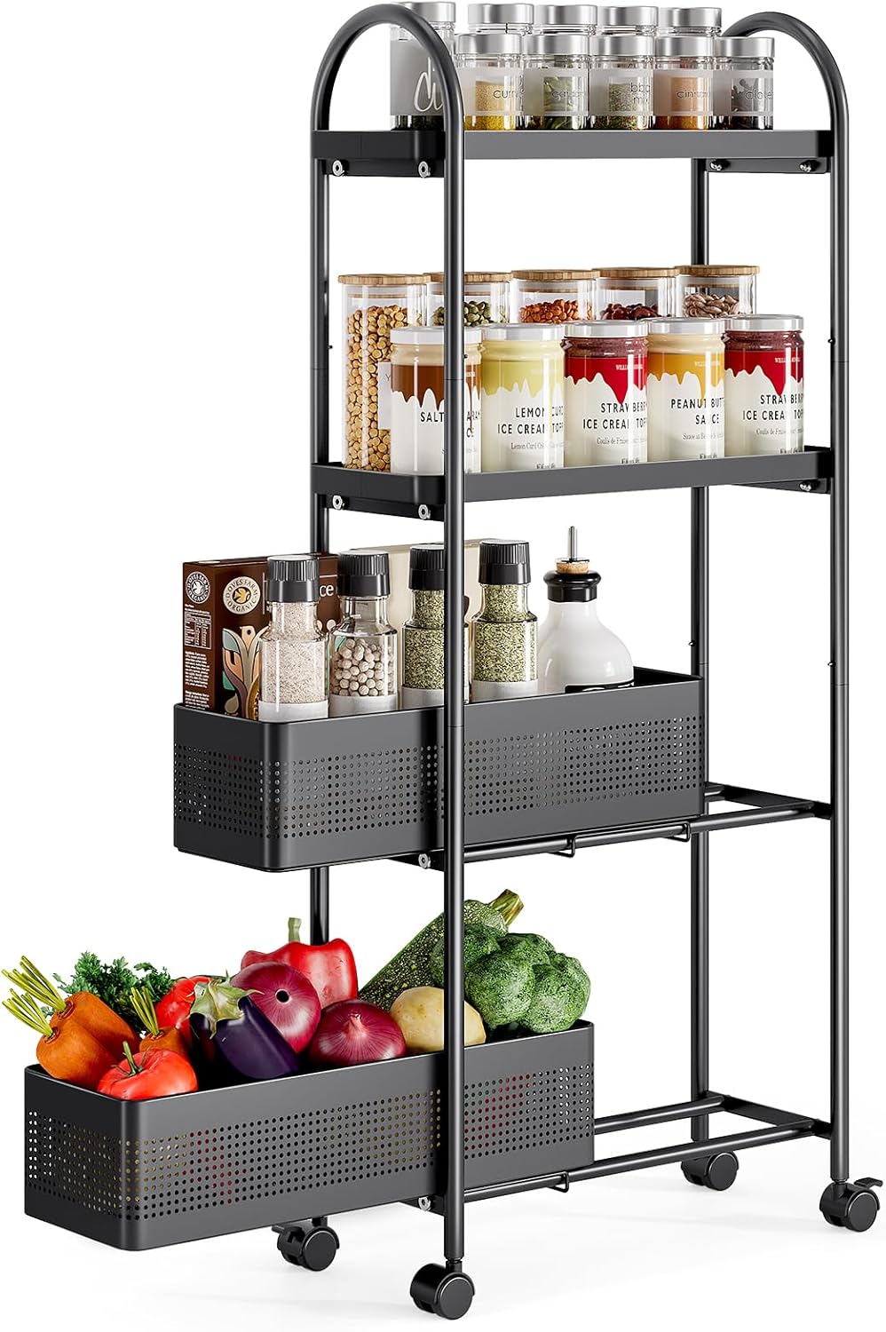 KINGRACK 4-Tier Slim Storage Cart with Pull Out Basket, Rolling Bathroom Organizer Utility, Metal Shelving Unit Slide Out, Lockable Wheels, Easy Assembly for Narrow Place, Kitchen, Laundry Room, Black