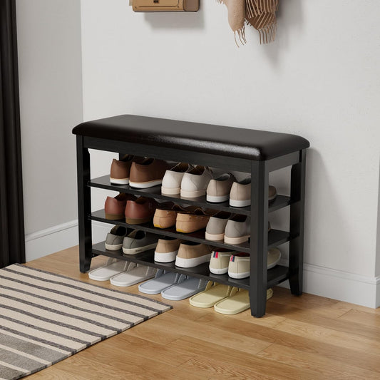 Shoe Bench with Leather Cushion, 3 Tiers Shoe Storage Bench Height Adjustable, Walnut Wood Entryway Bench for Hallway, Mudroom