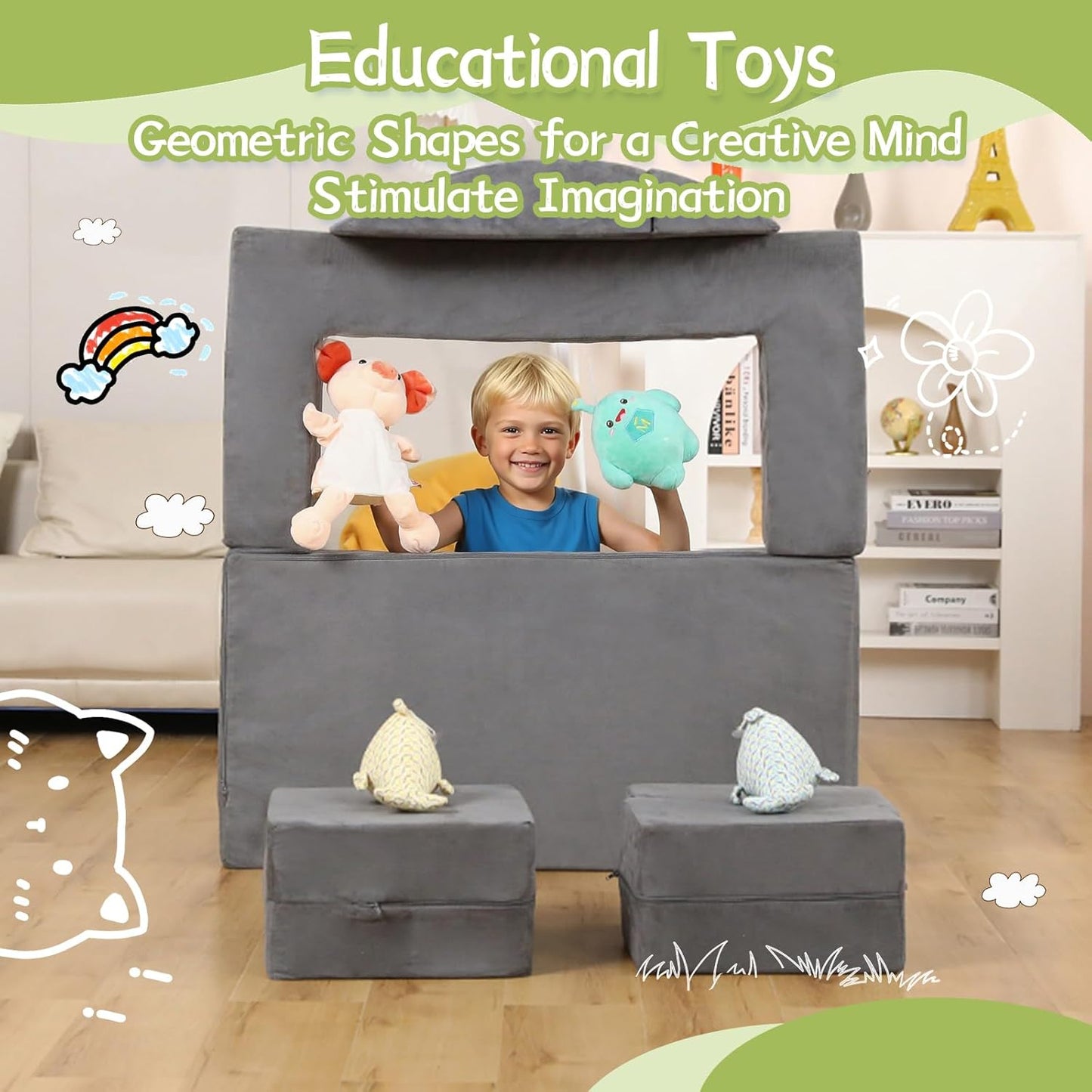 Modular Kids Play Couch, Kids Sofa Toddler Couch, Foam Play Set with Recliner, Toddler Sofa for Creative Boys & Girls, Convertible Foam Climbing Blocks