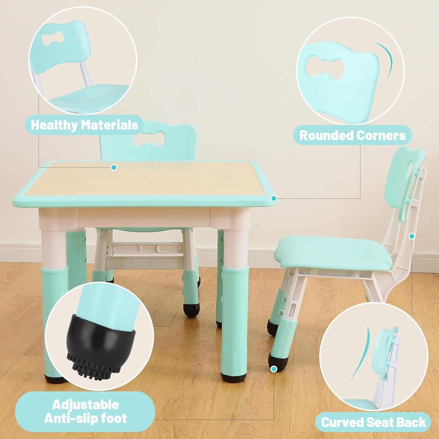 FUNLIO Adjustable Kids Chair (2pcs), 3 Level Height Adjustable Toddler Chair for Ages 3-8, Sturdy Child Chair with Maximum Bearing 220lbs, for Classrooms/Daycares/Homes, CPC & CE Approved - Green