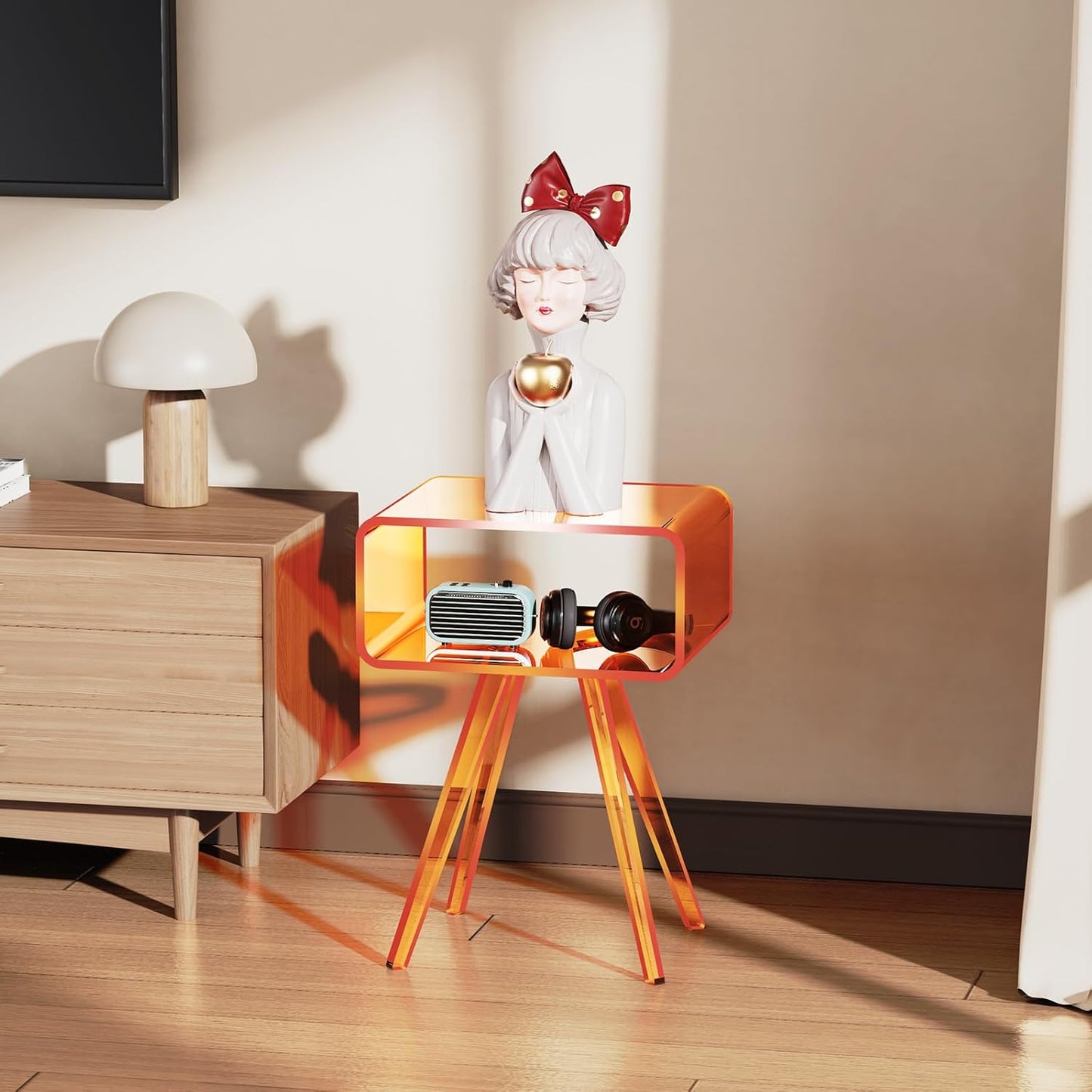 Acrylic Side Table, Acrylic Nightstand Bedside Table for Bedroom (Orange, 16.1'' x 11.8'' x 19.7'')