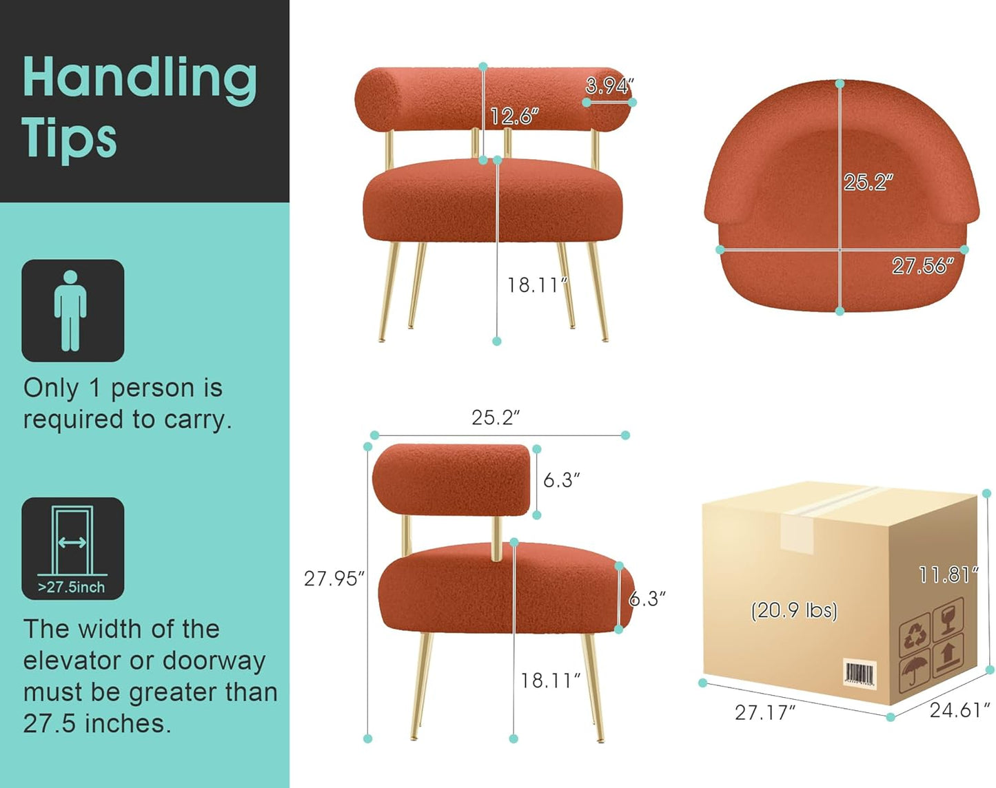 Mid Century Sherpa Boucle Accent Chair, Round Upholstered Barrel Arm Chair for Small Spaces, Fluffy Side Corner Sofa Chair for Living Room, Bedroom, Vanity, Office, Reading Nook(Orange)