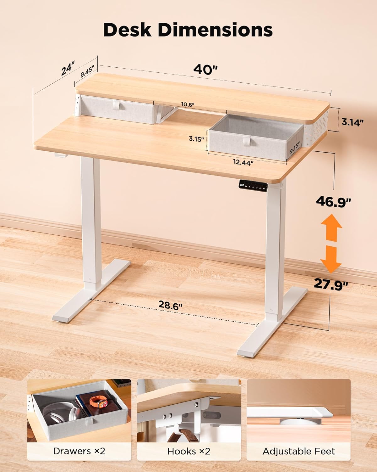 40x24 Inch Standing Desk with Double Drawers, C-Clamp Mount Compatible, Electric Adjustable Height Computer Stand Up Desks, Home Office Sit Stand Table with 3 Preset Heights & 2 Hooks, Natural