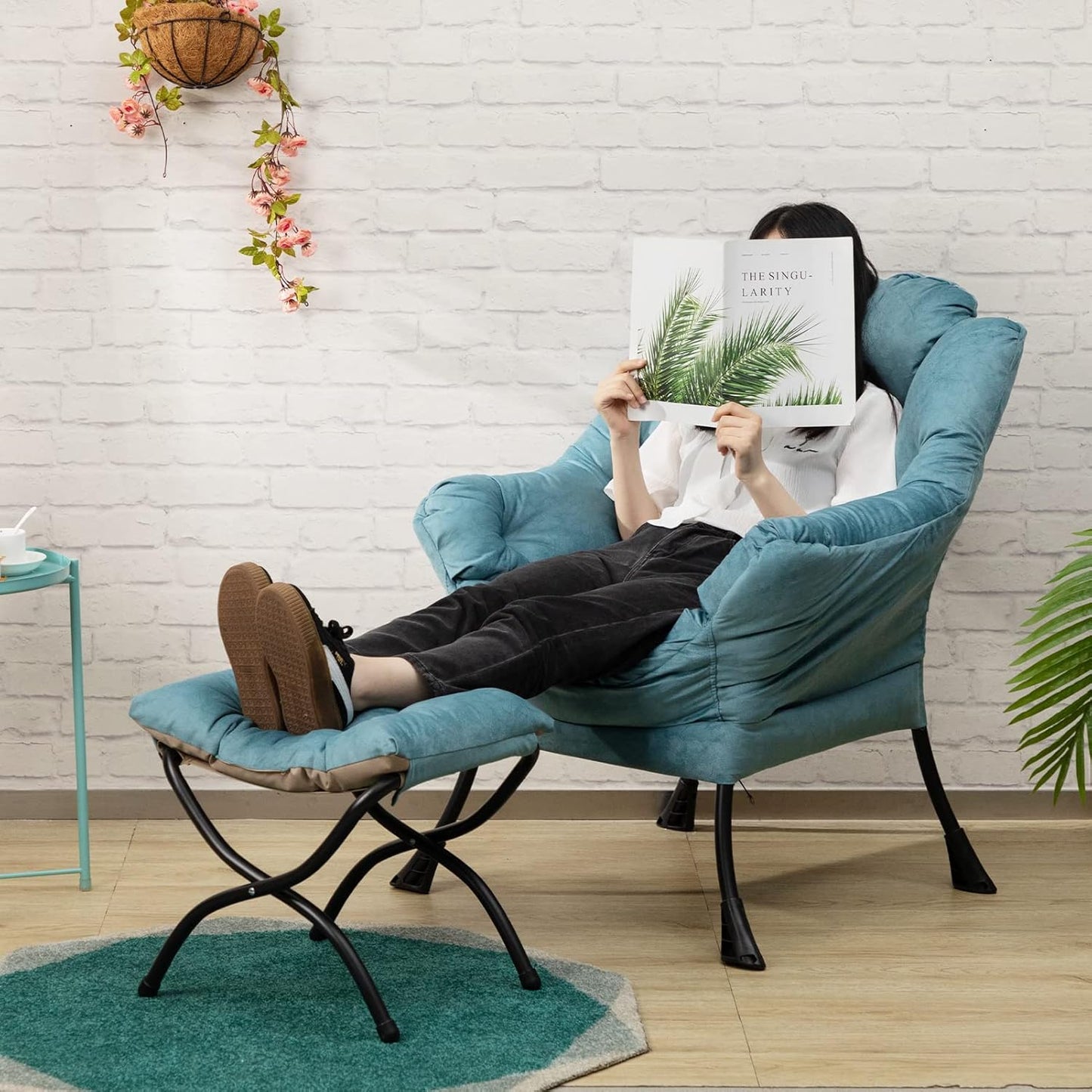 HollyHOME Fabric Lazy Chair with Foldable Ottoman, Accent Comfy Lounge Arm Chair and Folding Footrest Stool Set, Leisure Sofa Reading Chair and Footstool for Living Room, Bedroom, Dorm, Blue