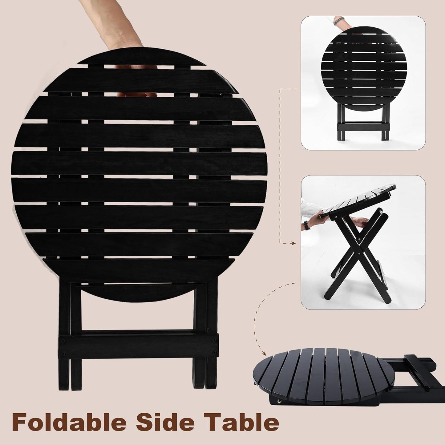 Outdoor Patio Side Table Round Small Wood End Table Folding Coffee Furniture for Living Room, Bedroom, Plant Stand, Camping Portable Black