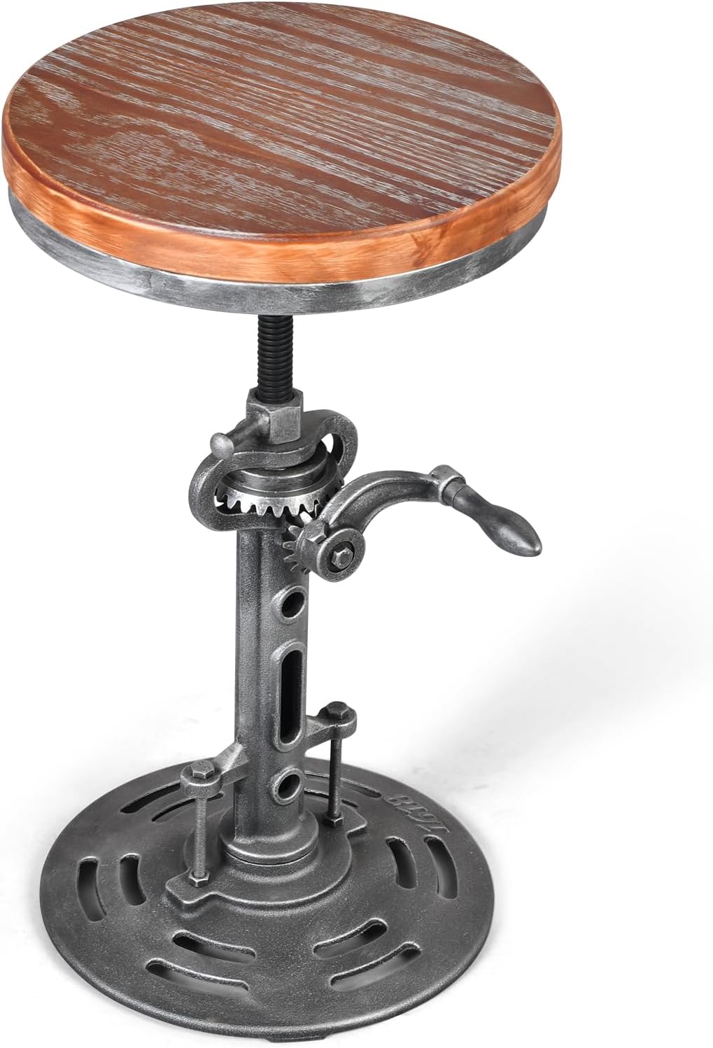 LOKKHAN American Antique Steampunk Deco Vintage Industrial Bar Cafe Stool, Retro Stylish Cast Iron Base Swivel Round Wood Top, Easily Adjusts by Crank Handle