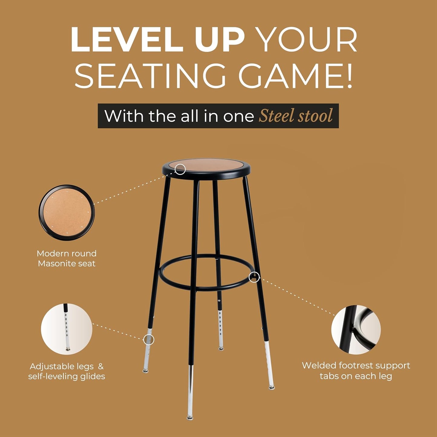 OEF Furnishings (2 Pack Height Adjustable Steel Stools, Black, 31-39"