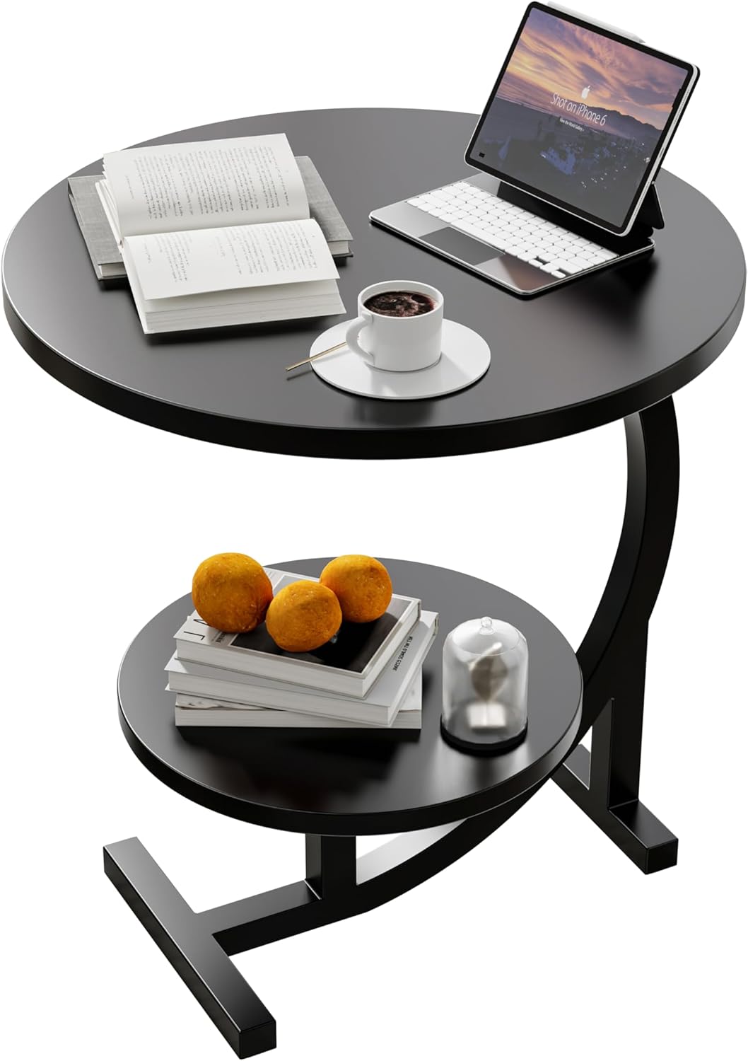 C-Shaped End Table,2 Tiers Round Side Table,Sofa Small Side Table for Living Room, Bedroom,Bedside Small Space,Black