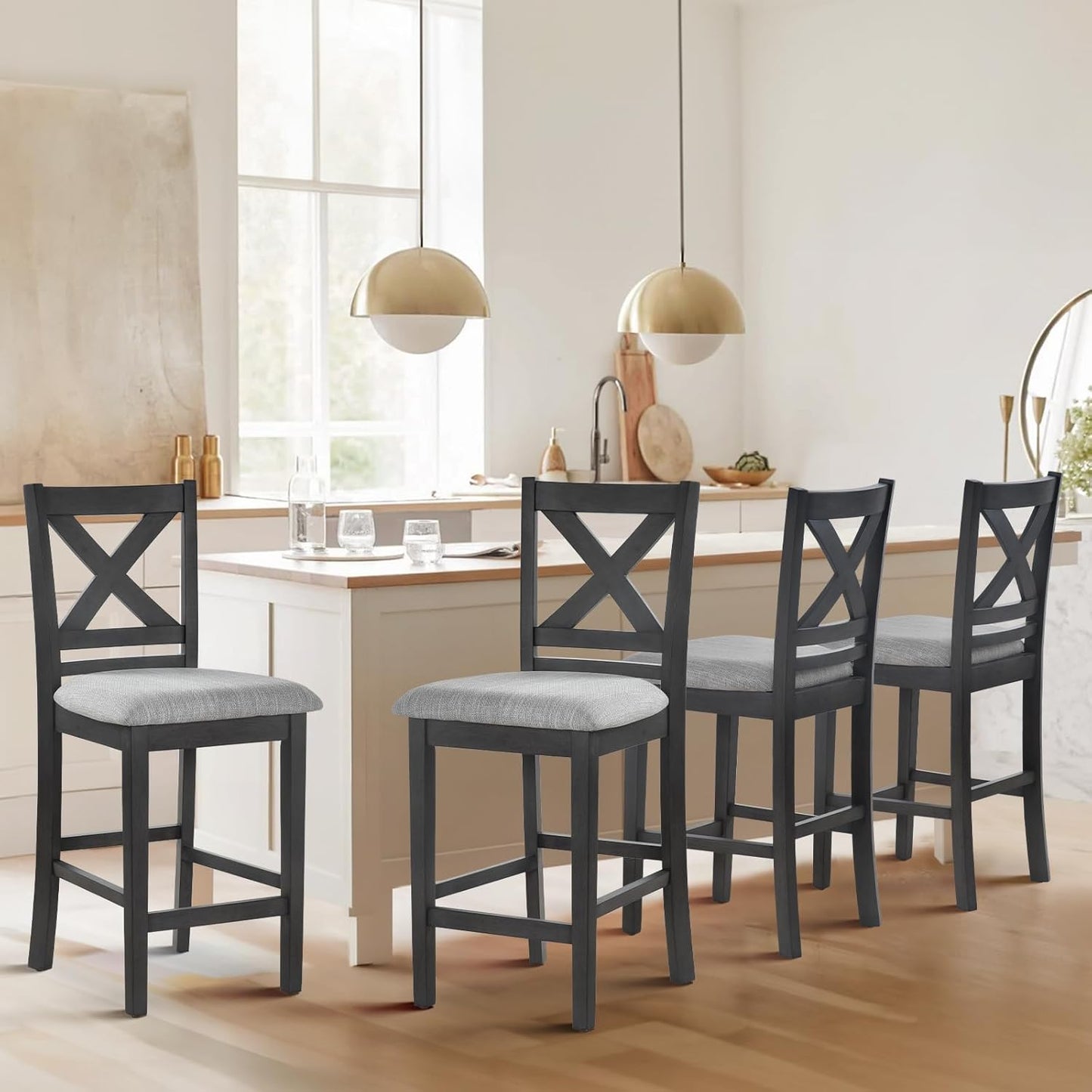 COLAMY Wooden Bar Stools Set of 4, Counter Height Bar Stools, Mid Century Modern Bar Stools with Backs, 25 Inch Upholstered Fabric Wooden Barstools for Kitchen Island Dining Room Bar, Dark Grey