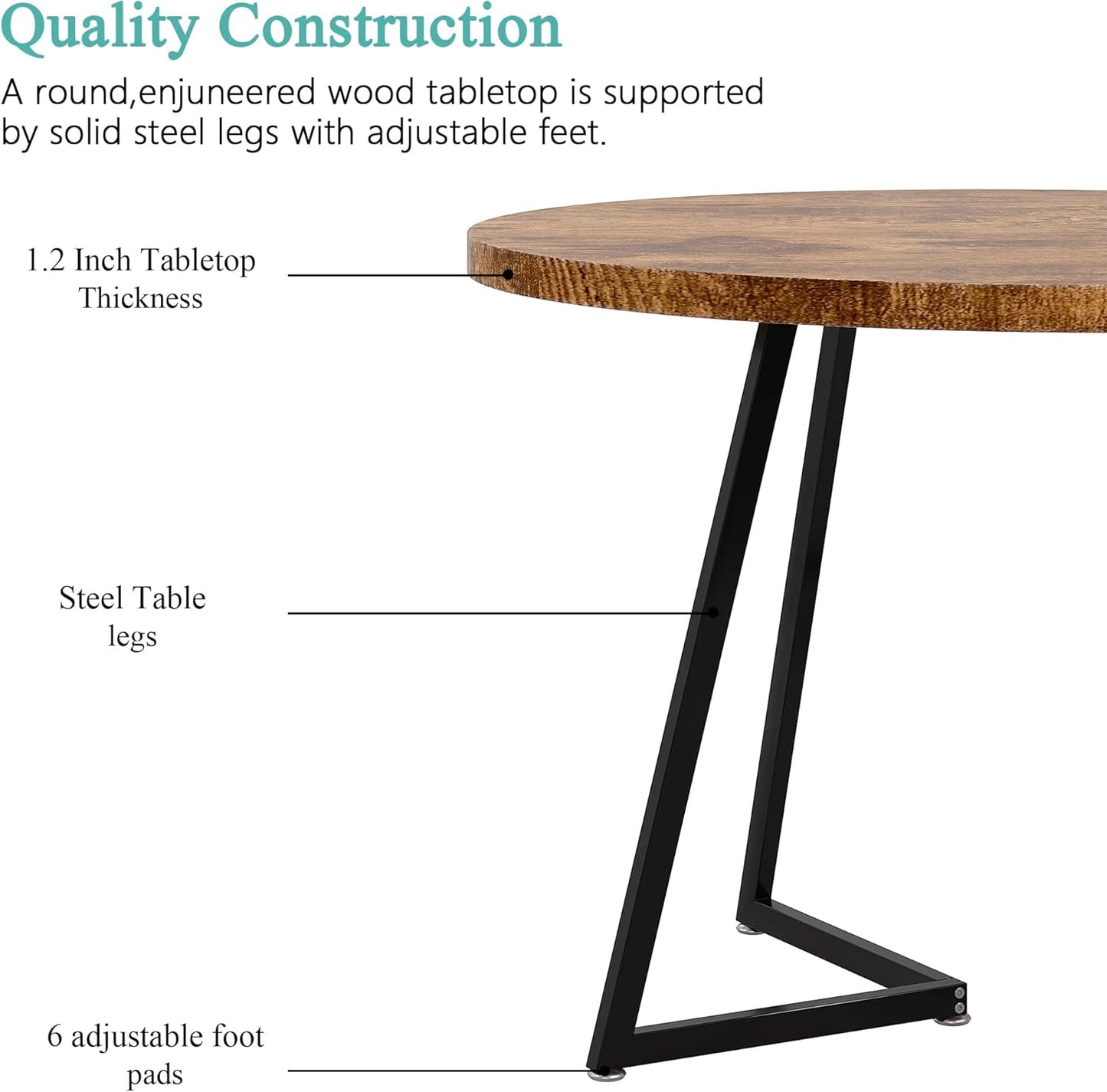 VECELO 35" Round Dining Table for 4, Wood-Grain Tabletop & Heavy-Duty Steel Frame, for Kitchen, Living Room, Easy Assembly, Antique Brown