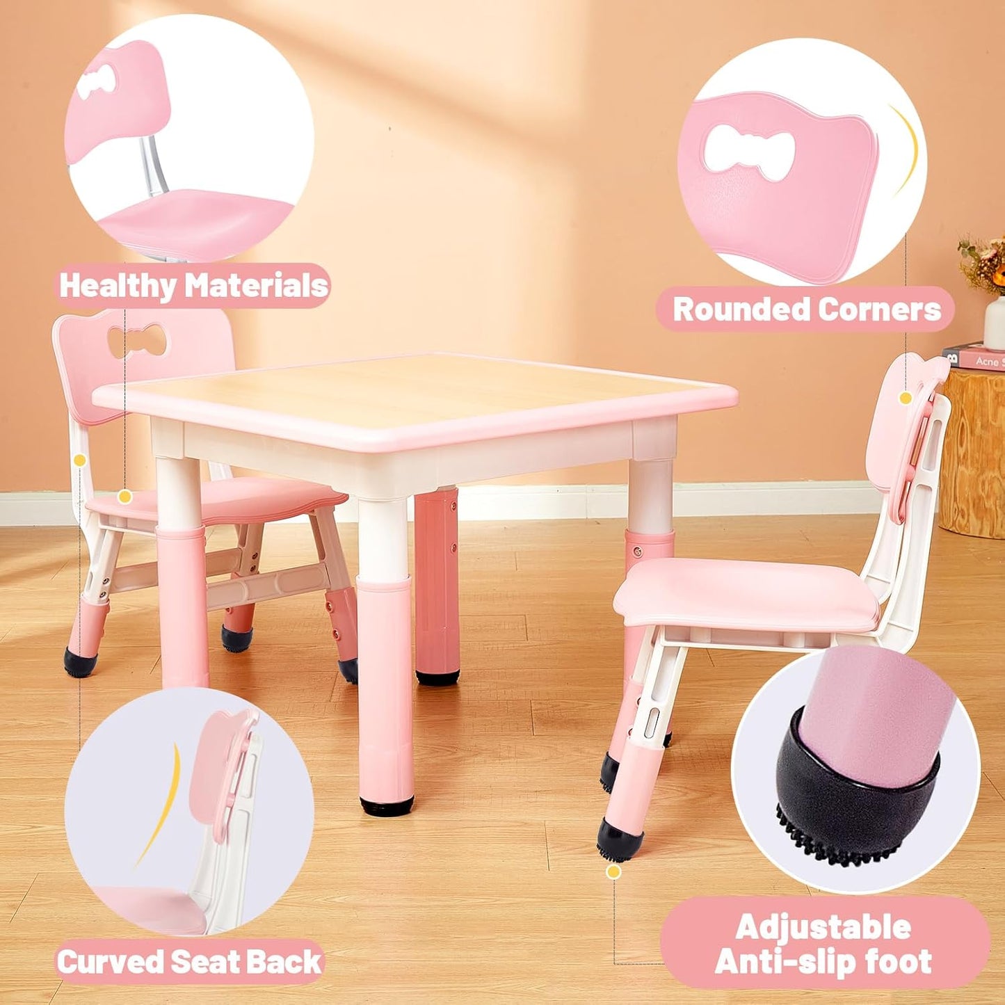 FUNLIO Adjustable Kids Chair (2pcs), 3 Level Height Adjustable Toddler Chair for Ages 3-8, Sturdy Child Chair with Maximum Bearing 220lbs, for Classrooms/Daycares/Homes, CPC & CE Approved - Pink