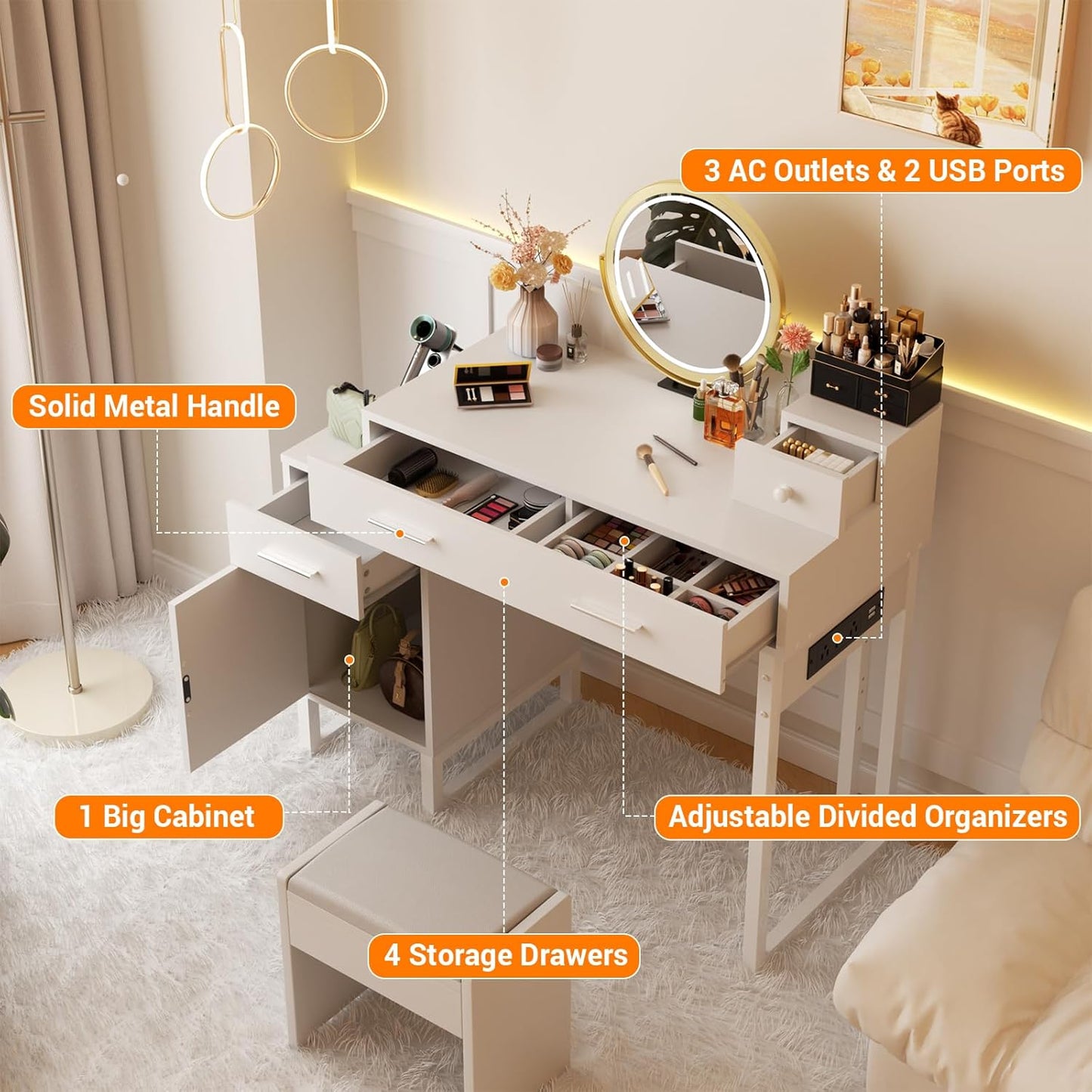 Vanity Desk with 4 Storage Drawers - Modern Makeup Vanity Table with Charging Station, White Vanity Desk with Reversible Cabinet Dressing Table Set with Divided Organizers for Women Girls, White