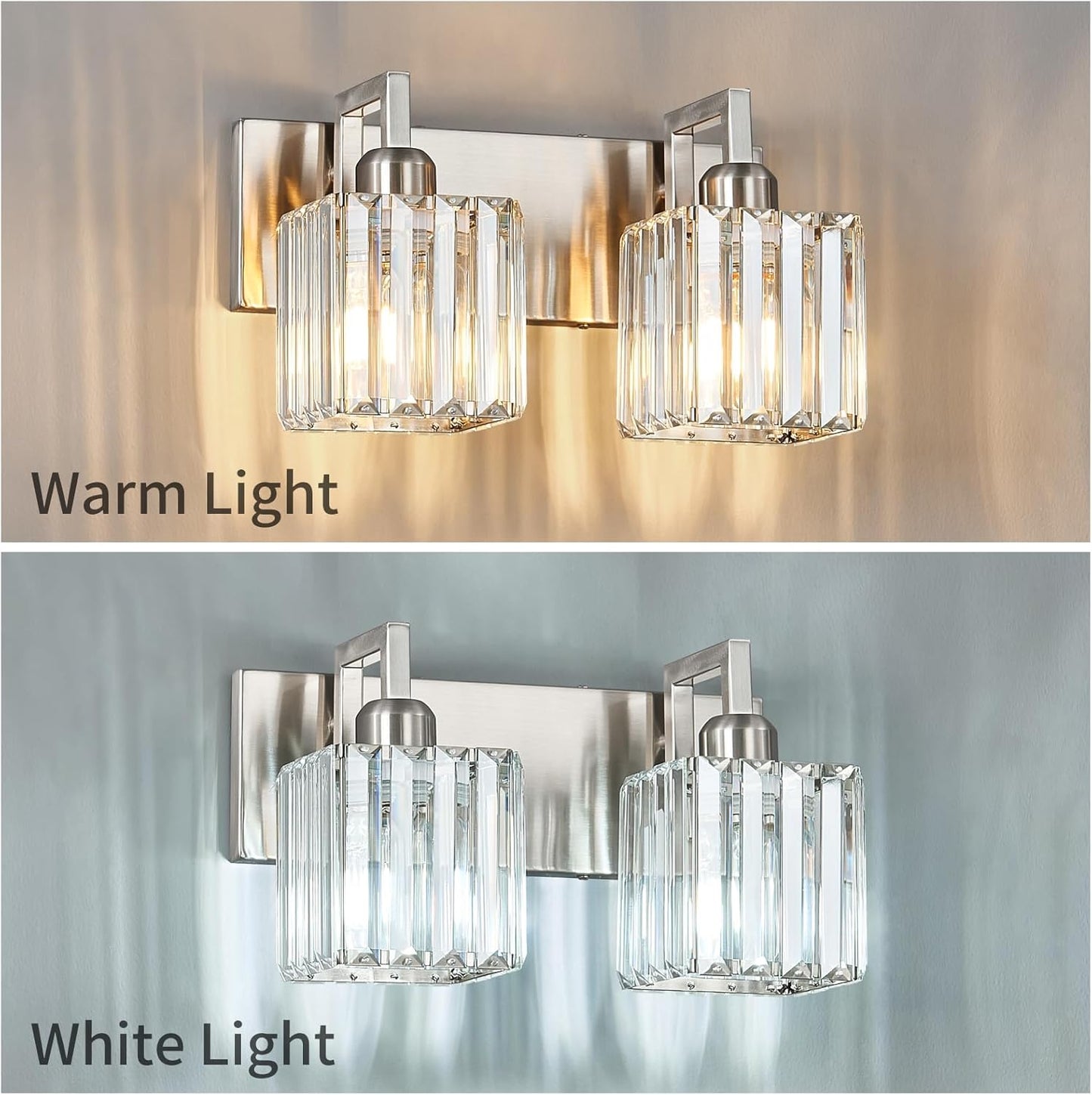 Modern Bathroom Vanity Light 2-Lights Brushed Nickel Vanity Light Crystal Wall Light Bathroom Light Fixtures