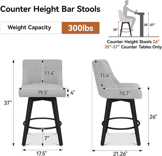 Counter Height Bar Stools Set of 6, Modern Swivel Barstools with Back and Wood Legs, Linen Fabric Upholstered Bar Chairs, 26" H Kitchen Counter Stools, Kitchen Island Home Bar, Light Grey