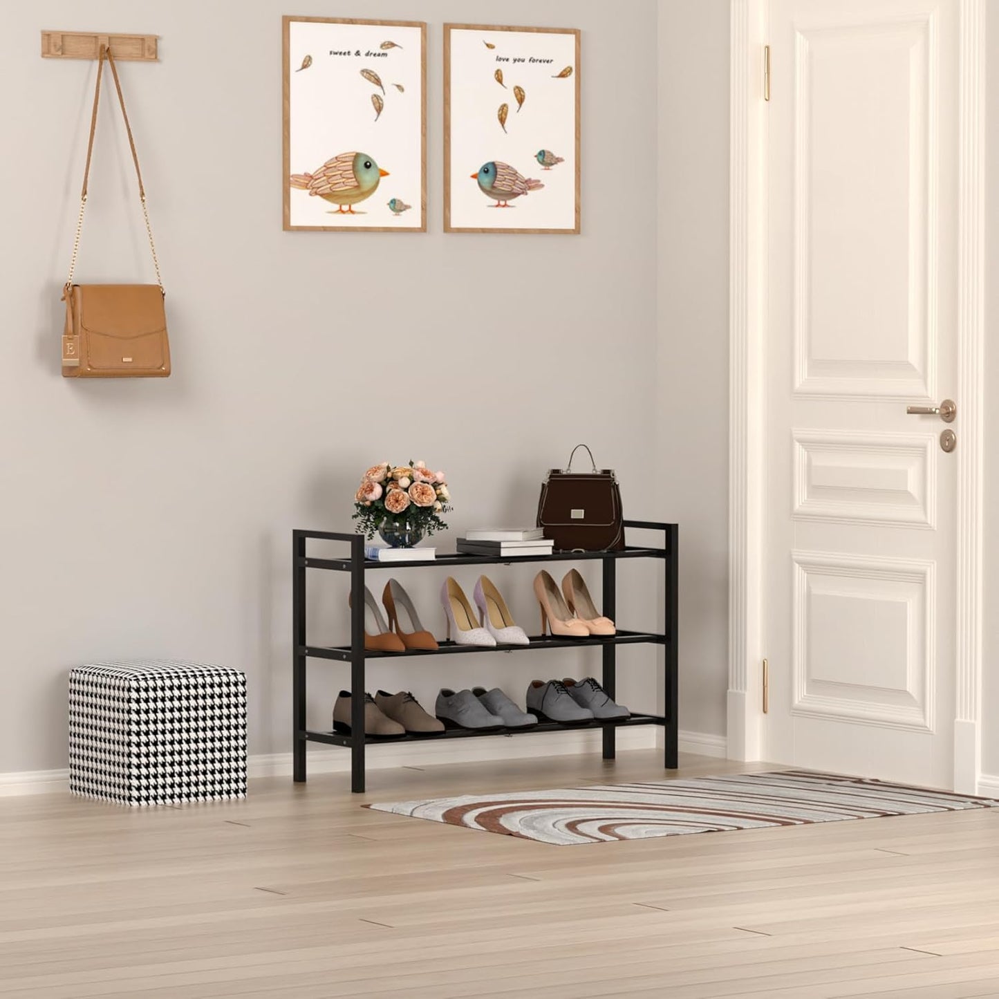 Haddockway Bamboo Shoe Rack for Closet, Free Standing Shoe Organizer with Smooth Round Rods & Convenient Handles, Stackable Shoe Storage Shelf for Entryway, Hallway(Black, 3-Tier)