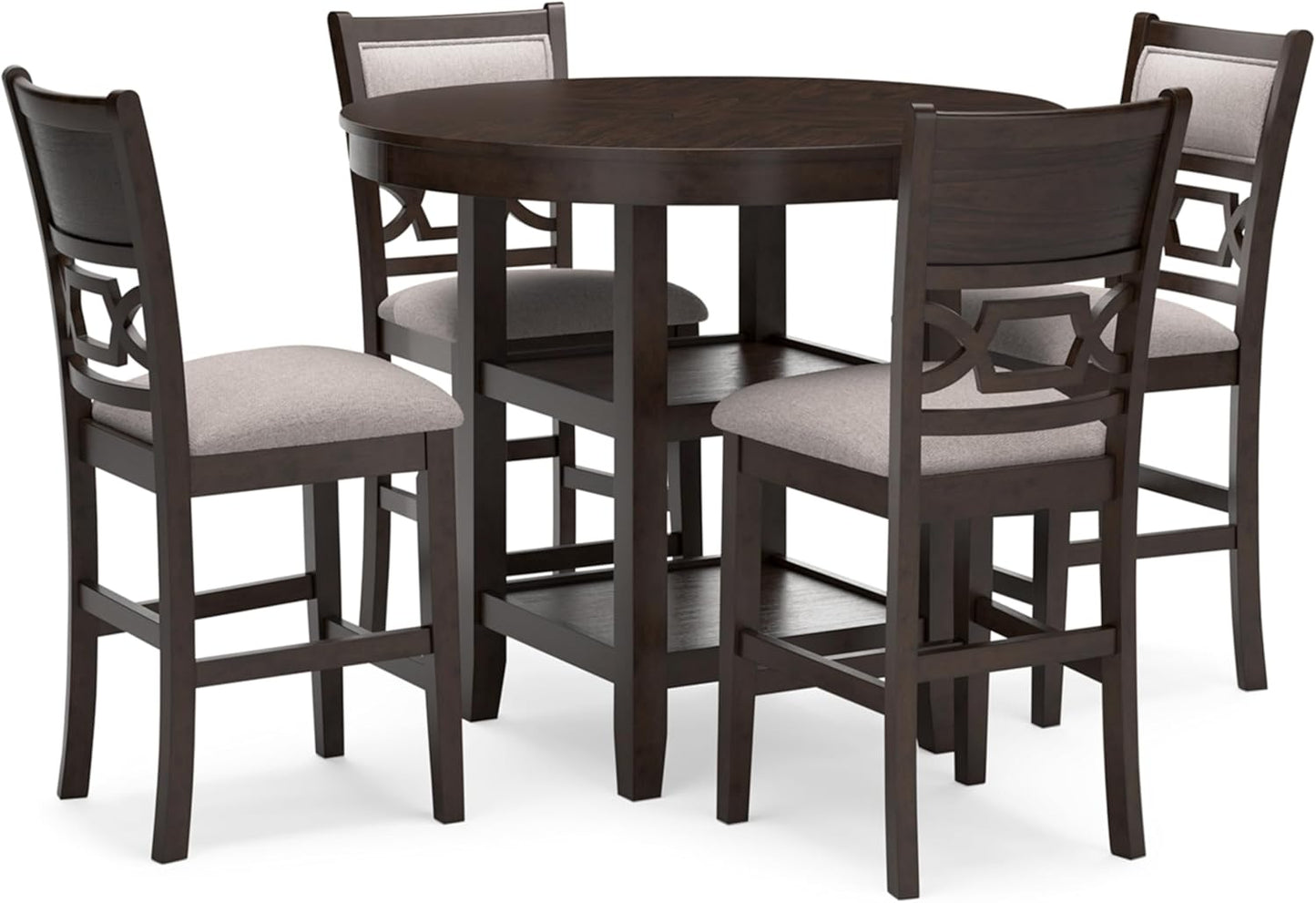 Signature Design by Ashley Langwest Transitional Diamond Patterned Counter Height Dining Table and 4 Upholstered Bar Stools, Set of 5, Dark Brown & Beige