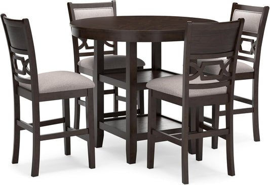 Signature Design by Ashley Langwest Transitional Diamond Patterned Counter Height Dining Table and 4 Upholstered Bar Stools, Set of 5, Dark Brown & Beige