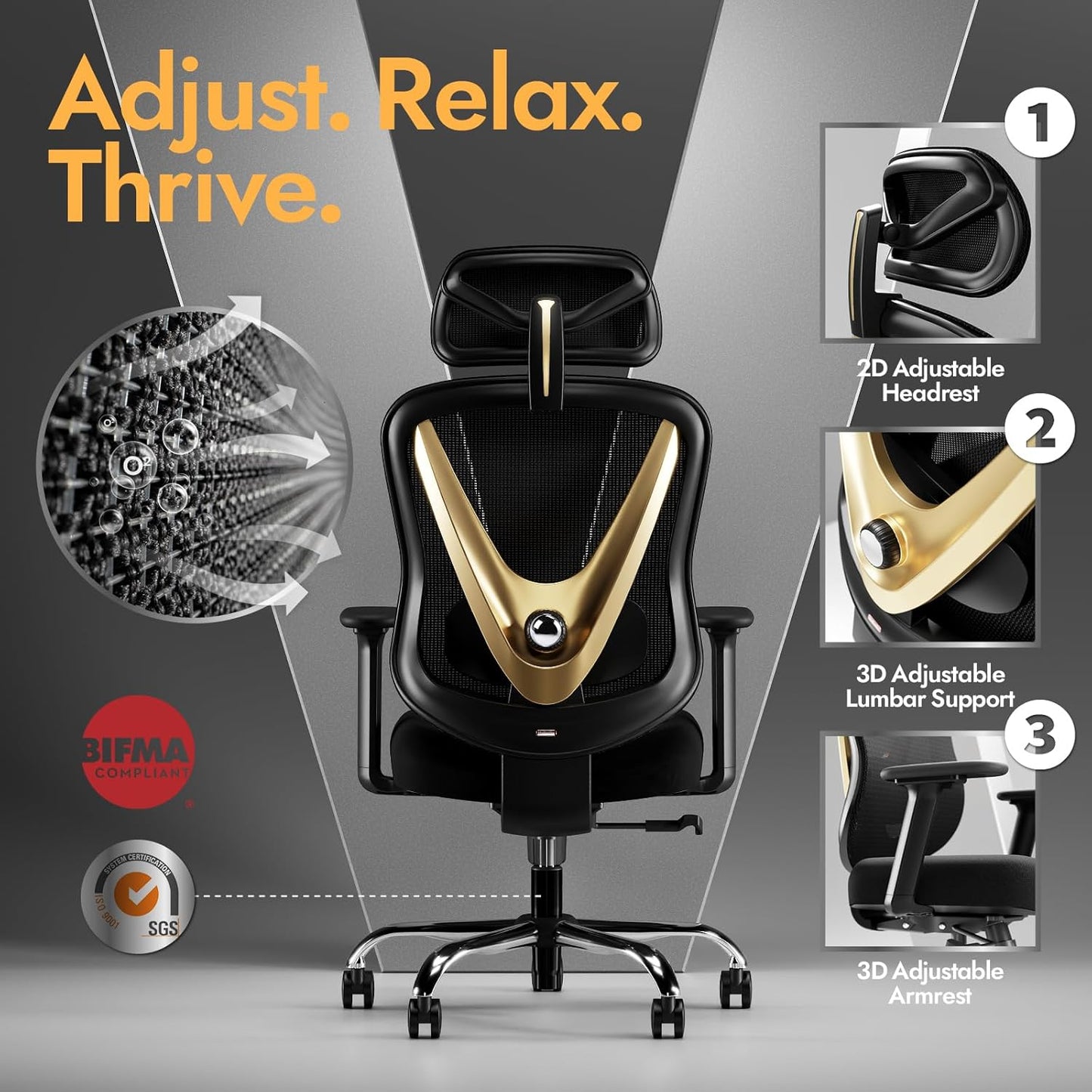 Ergonomic Mesh Office Chair - 3D Adjustable Lumbar Support & 3D Armrests, V-Shaped Back, Adjustable Desk Chair for Office & Home, Black and Gold