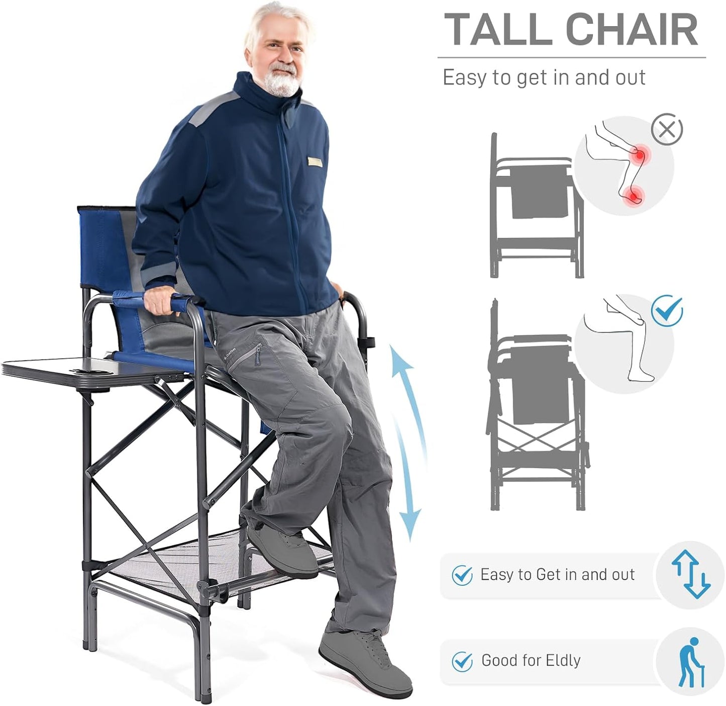 EVER ADVANCED 2 Piece Tall Folding Chair 30.7" Seat Height Directors Chair High Foldable Bar Stool for Makeup Artist Face Painting with Side Table Cup Holder Supports 350LBS