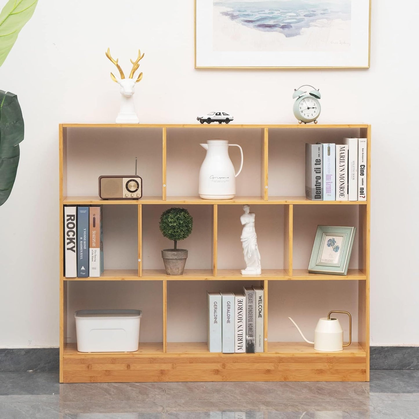 Maydear 47.24” Bamboo Bookshelf, 10 Cube Bookshelf with Base 3 Tier Open Shelf Bookcases, Freestanding Book Storage Organizer Display Shelf for Bedroom, Living Room, Home Office