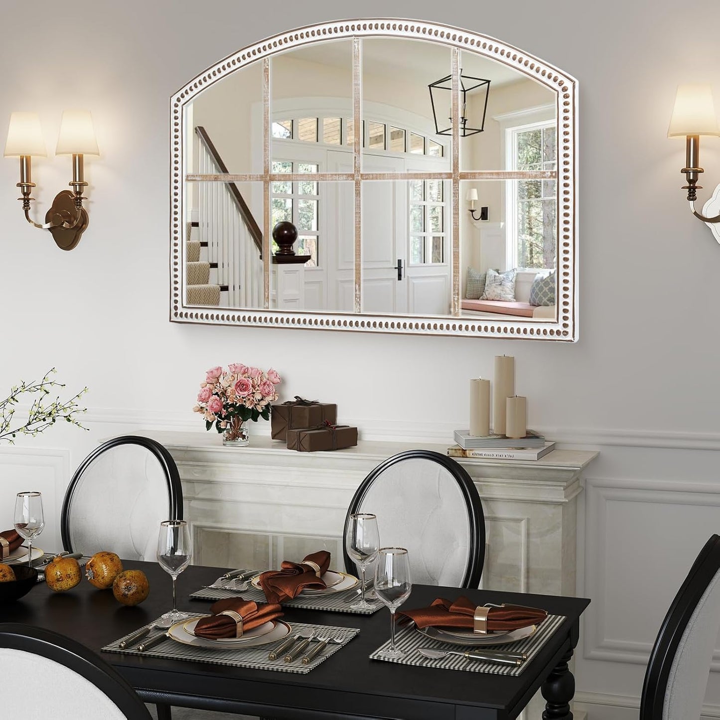 Farmhouse Windowpane Wall Mirror 28x42 Inch, Large Rustic White Wood Mirror Decorative for Living Room, Bedroom, Entryway, Hallway