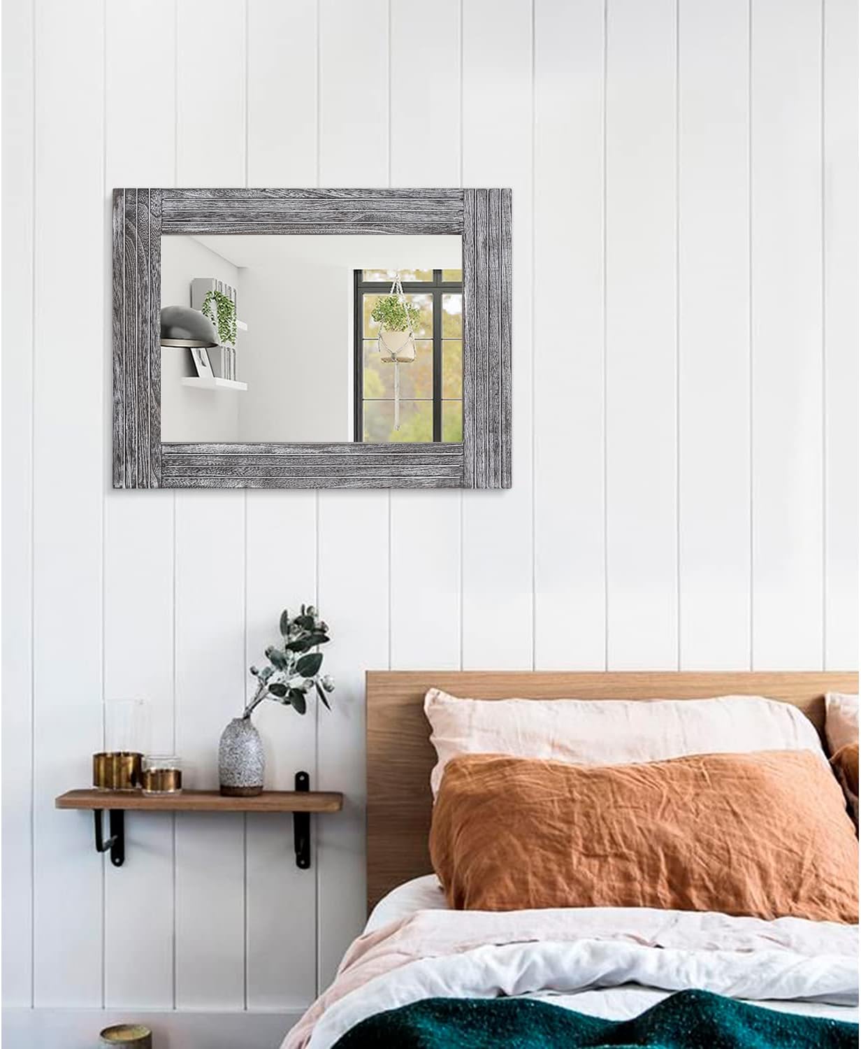 Rustic Wall Mirror Farmhouse, with Frame Wood Wall Mirror Rectangle Antique Decor Hanging Mirror for Bathroom Living Room Bedroom Entryway Large 20"x16"