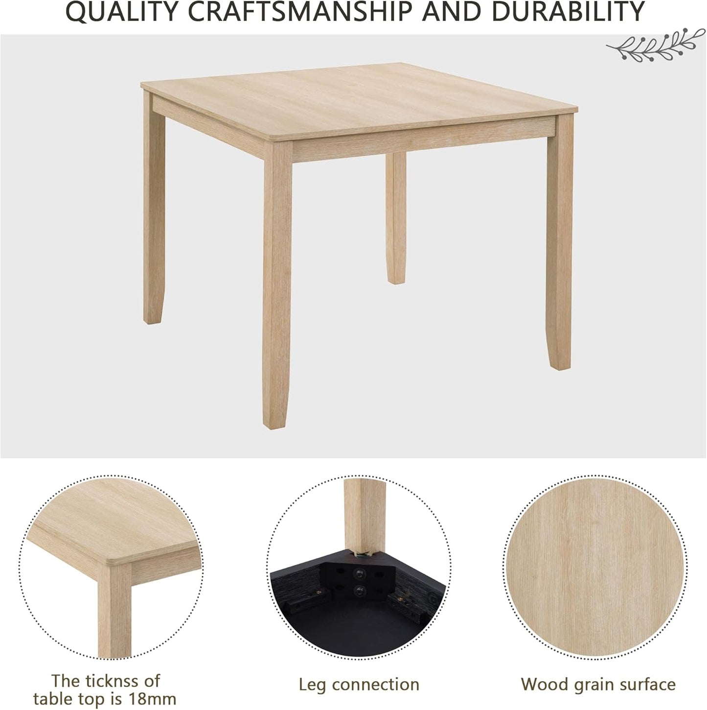 Ball & Cast 5 Piece Dining Table Set with 4 Upholstered Chairs,Wooden Living Room Furniture W/ 34.5" Square Kitchen Desk & Backrest Chair,for Small Space,Dining Room,Liaght Oak & Beige